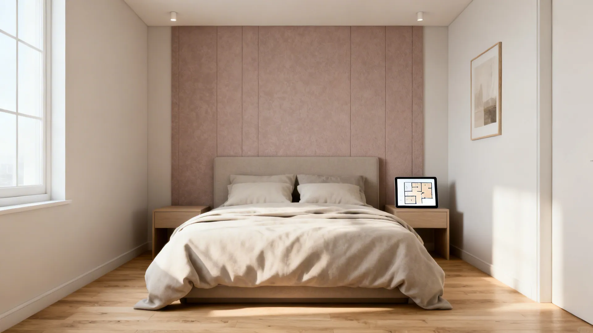 Small bedroom with a textured focal wall behind the bed and a tablet showing a 3D layout.