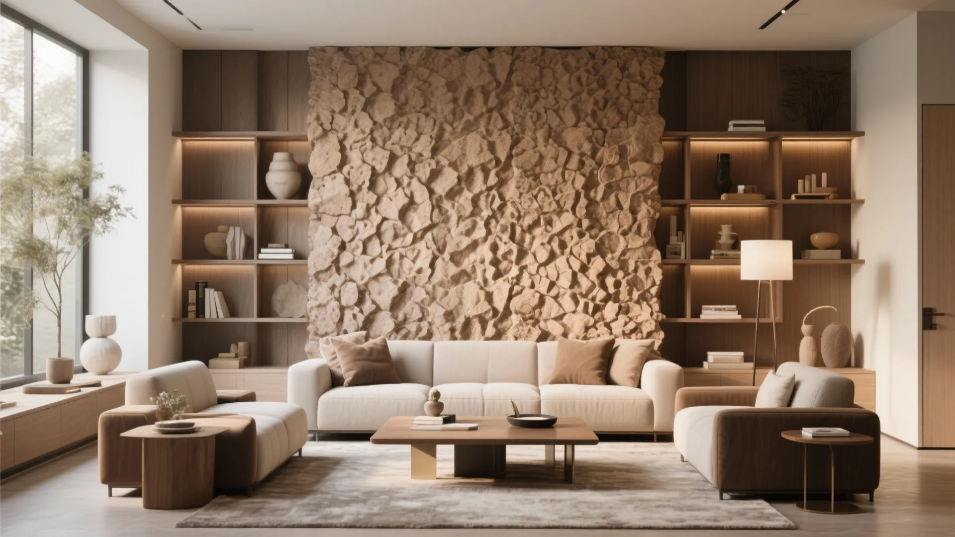 Modern living room featuring textured stone wall wooden shelves white sofa and a low coffee table