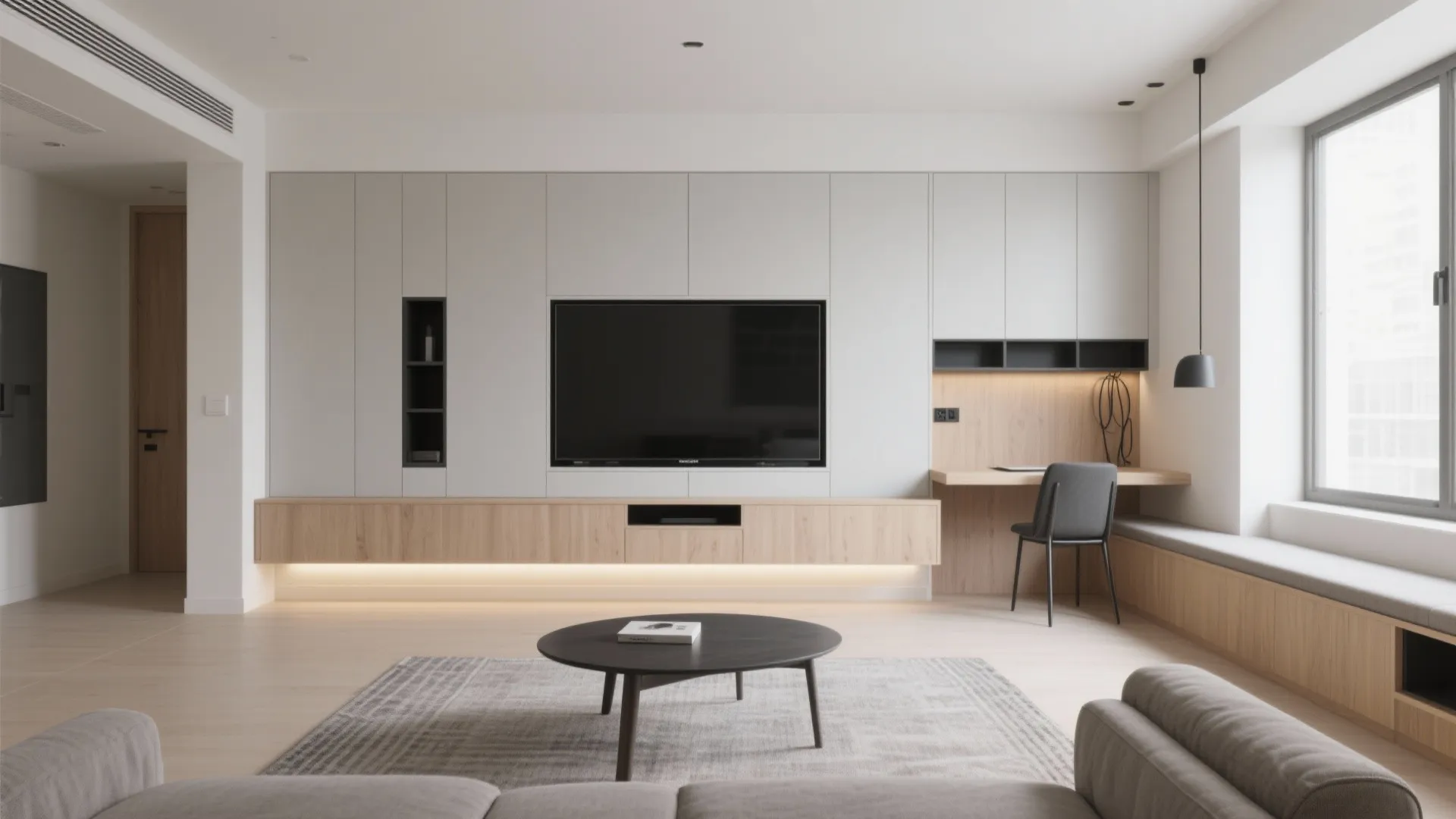 Minimalist storage-first living with a calm focal wall