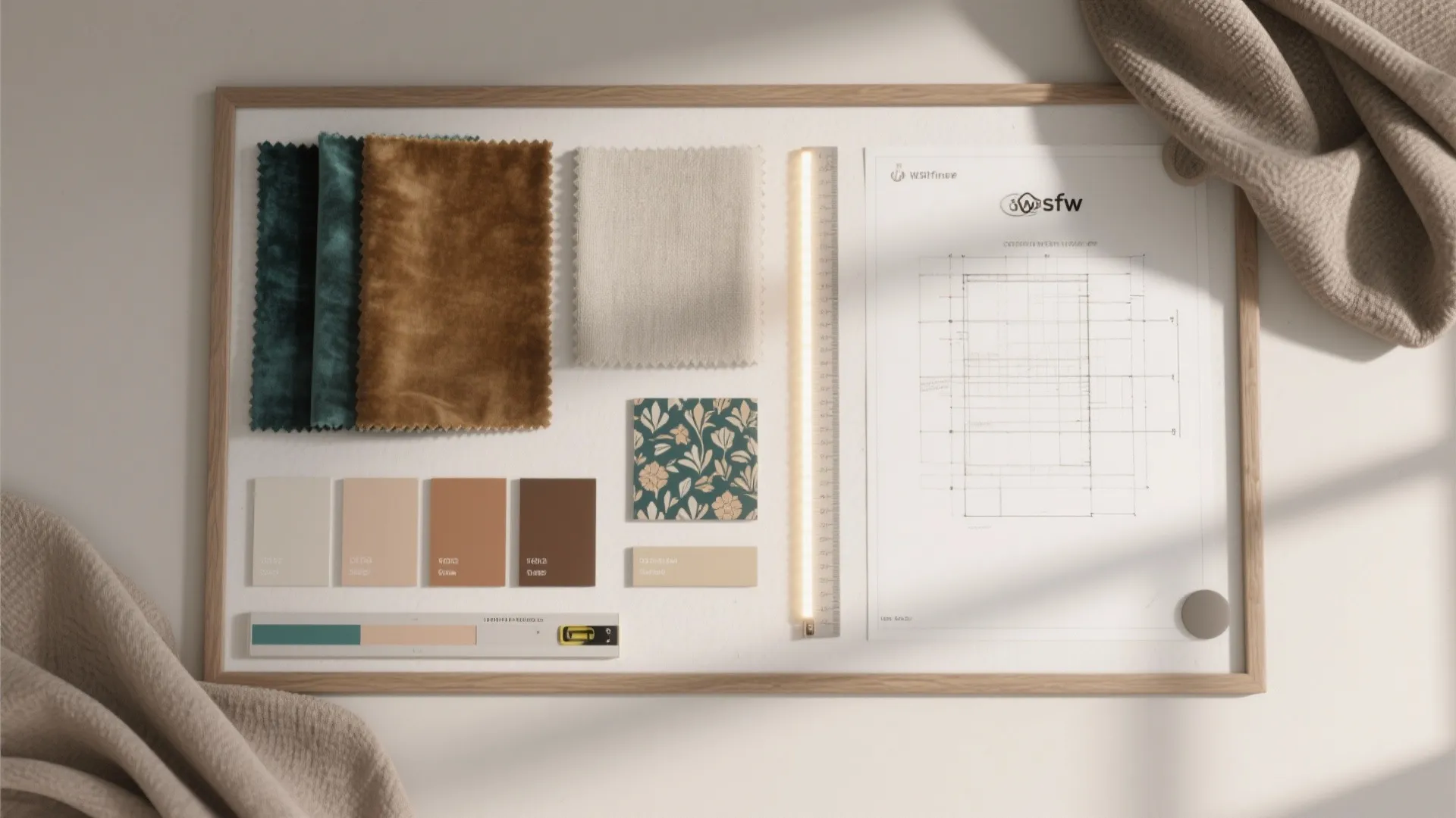 Interior design mood board showing fabric samples color swatches and a floor plan on paper