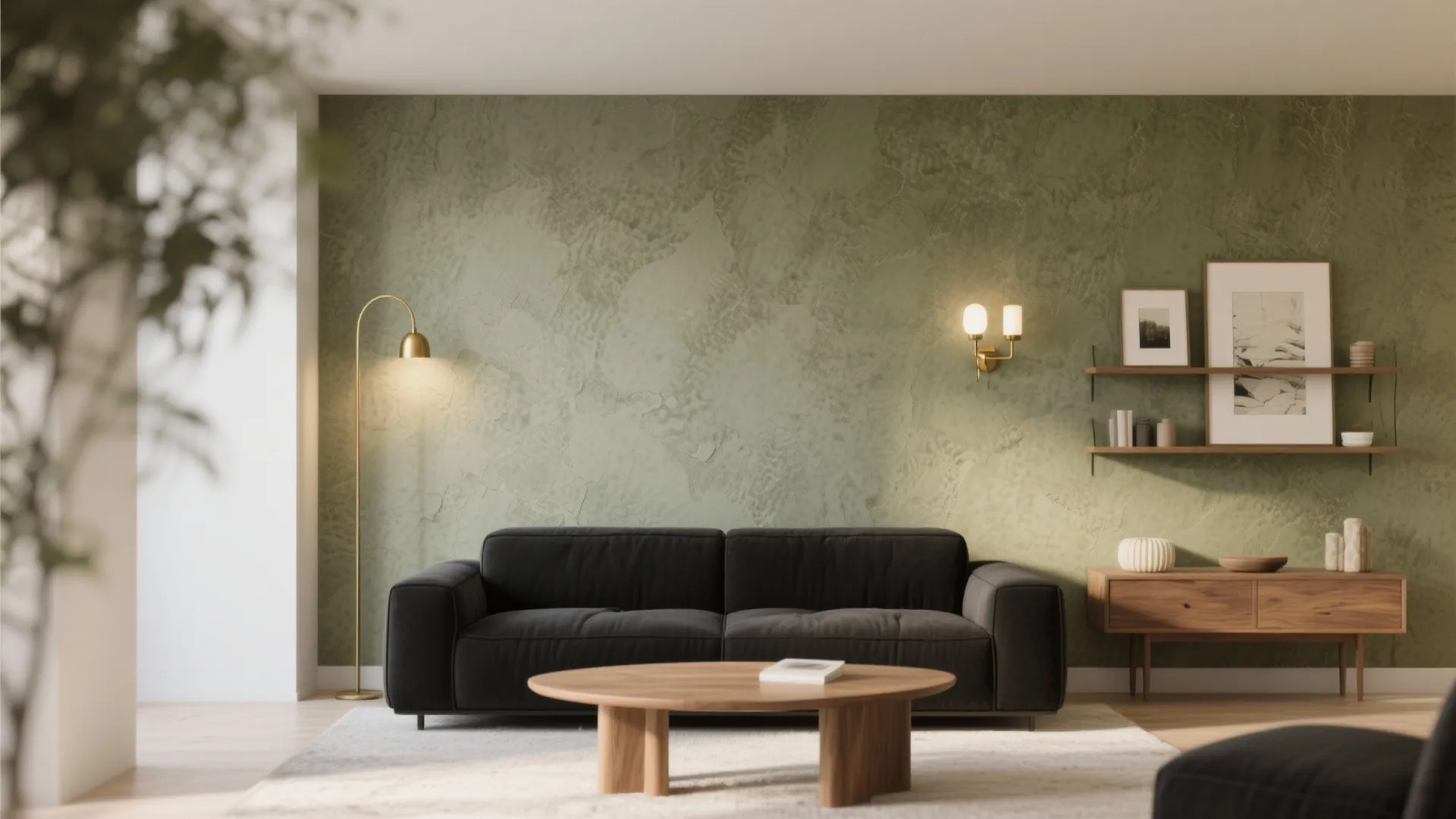 Minimalist living room with olive green textured wall black sofa wooden table and gold lamp