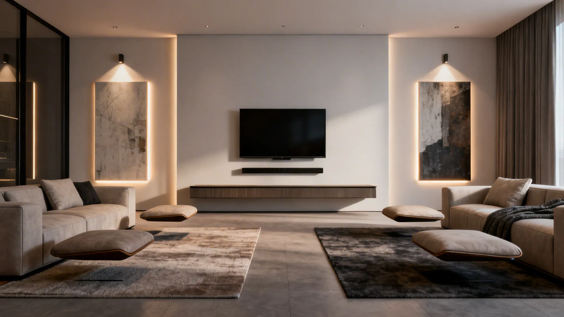 Modern living room with two beige sofas wall mounted television two wall lights and footrests