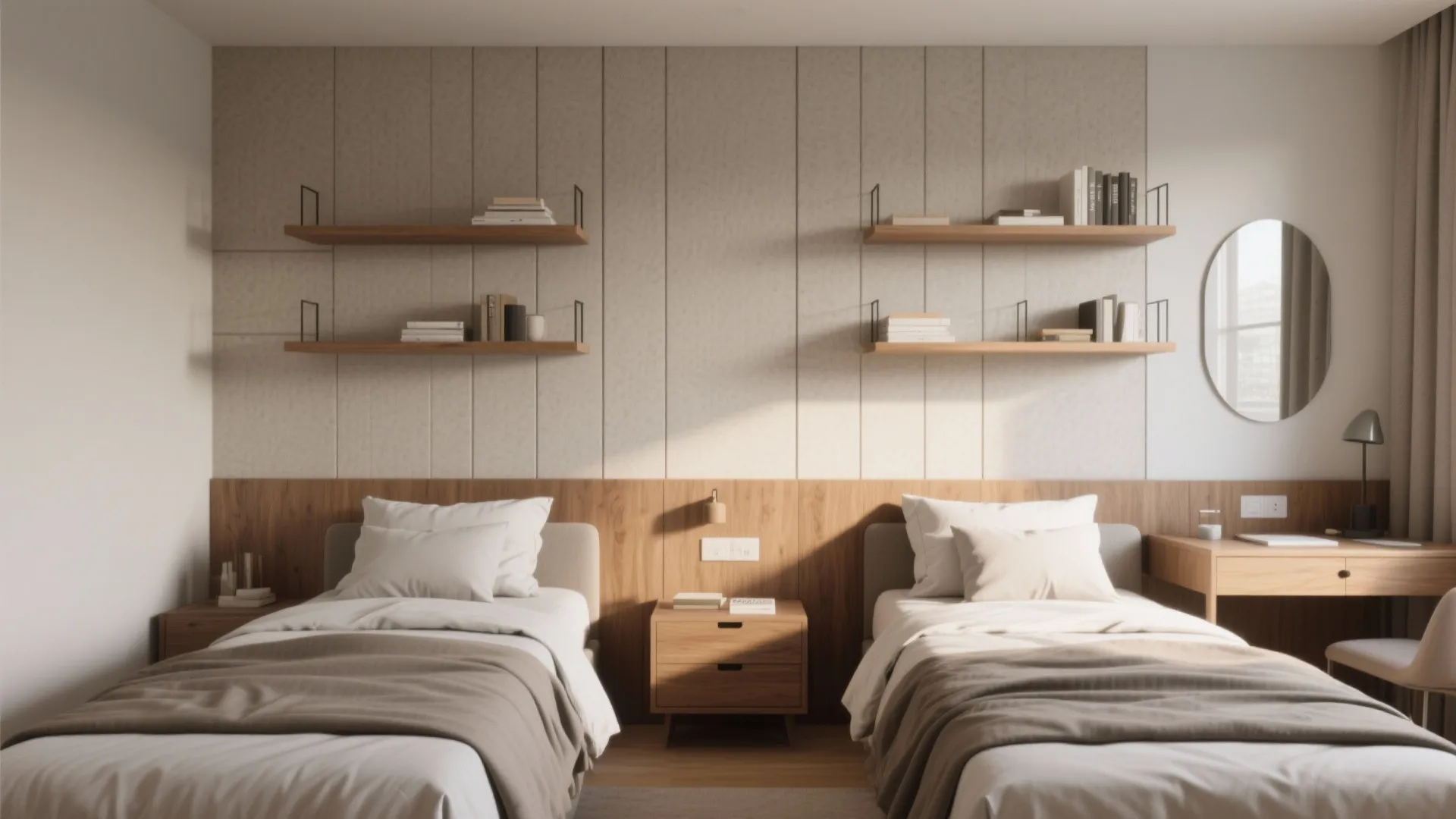 5. Twin beds switched to a single focal wall with floating shelves