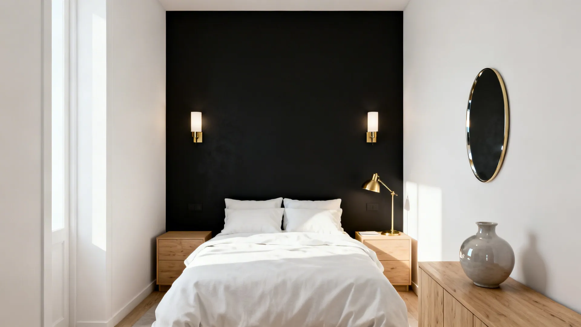 Compact studio bedroom with a single matte black accent wall behind the bed, white linens and light oak furniture.