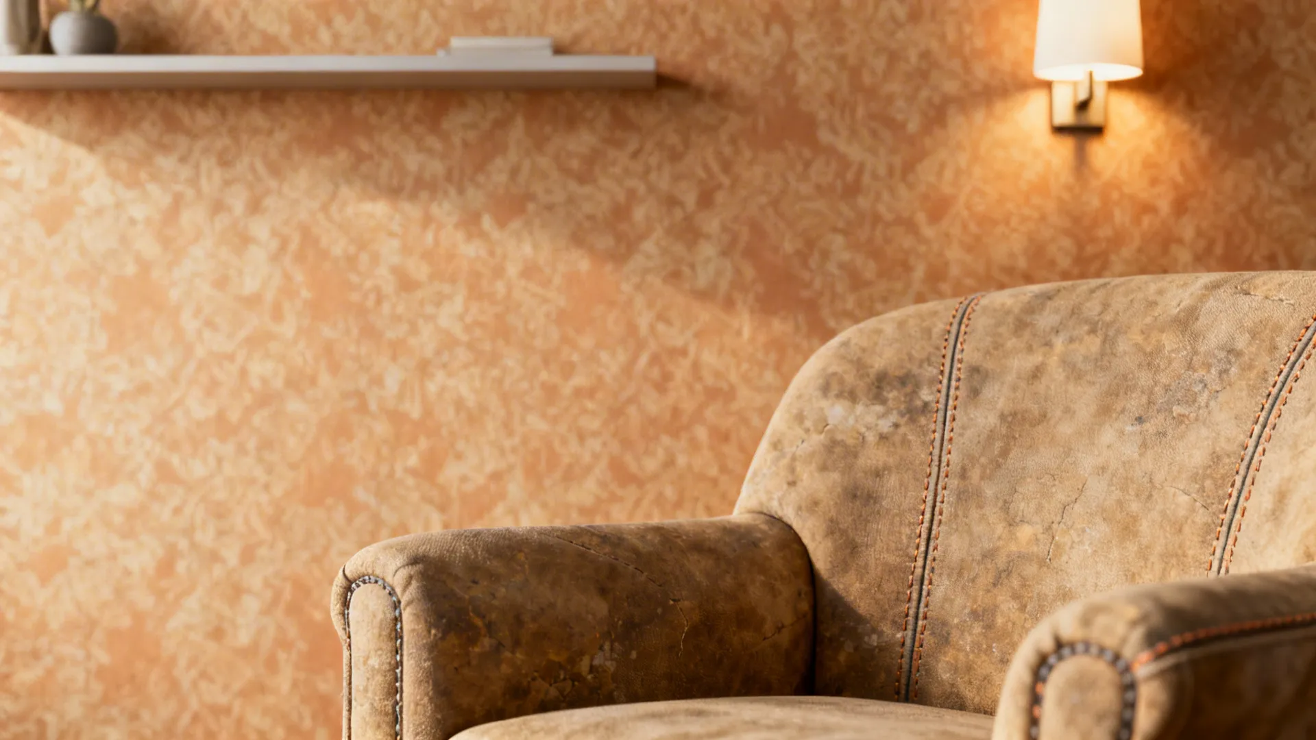 Textured warm wallpaper above a recliner with a slim floating shelf and sconce lighting