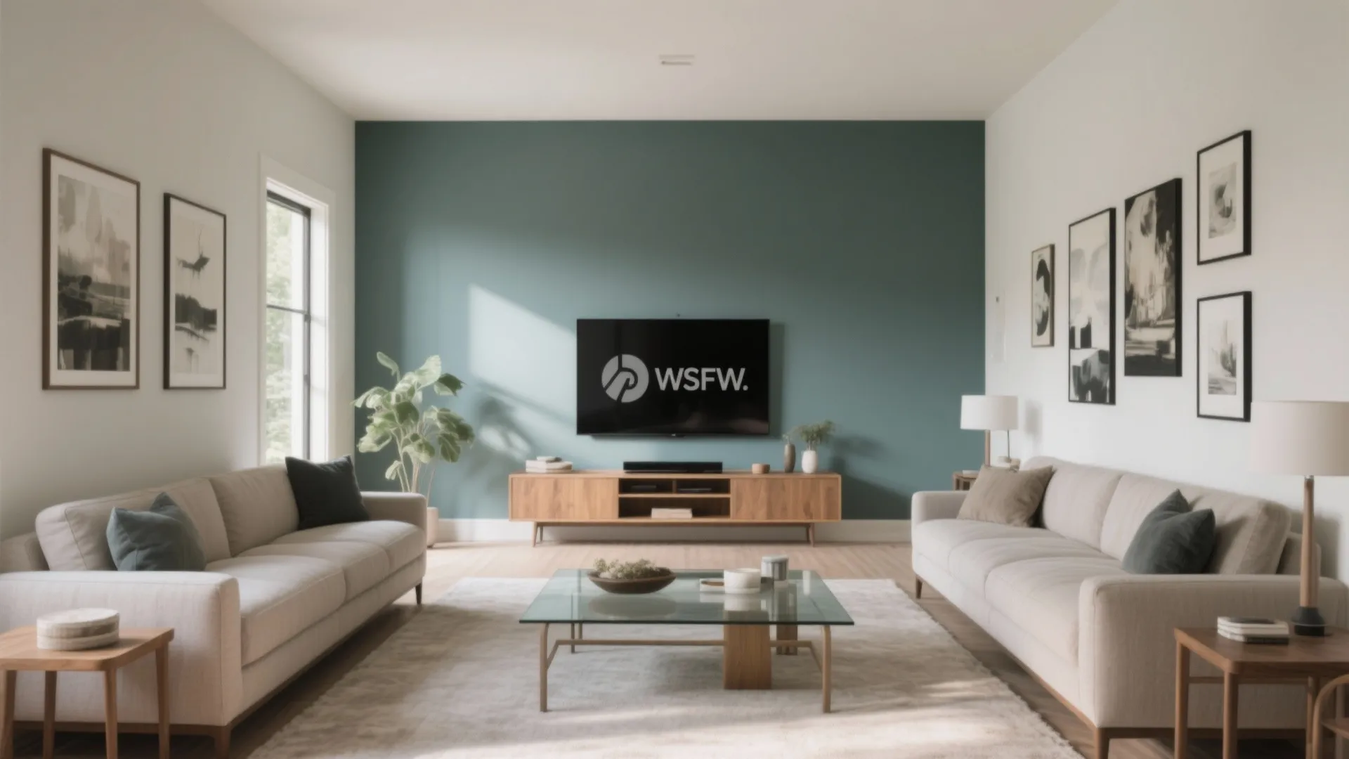 Short-wall focal with a low media console and L-shaped seating, TV at seated eye level for comfortable viewing.