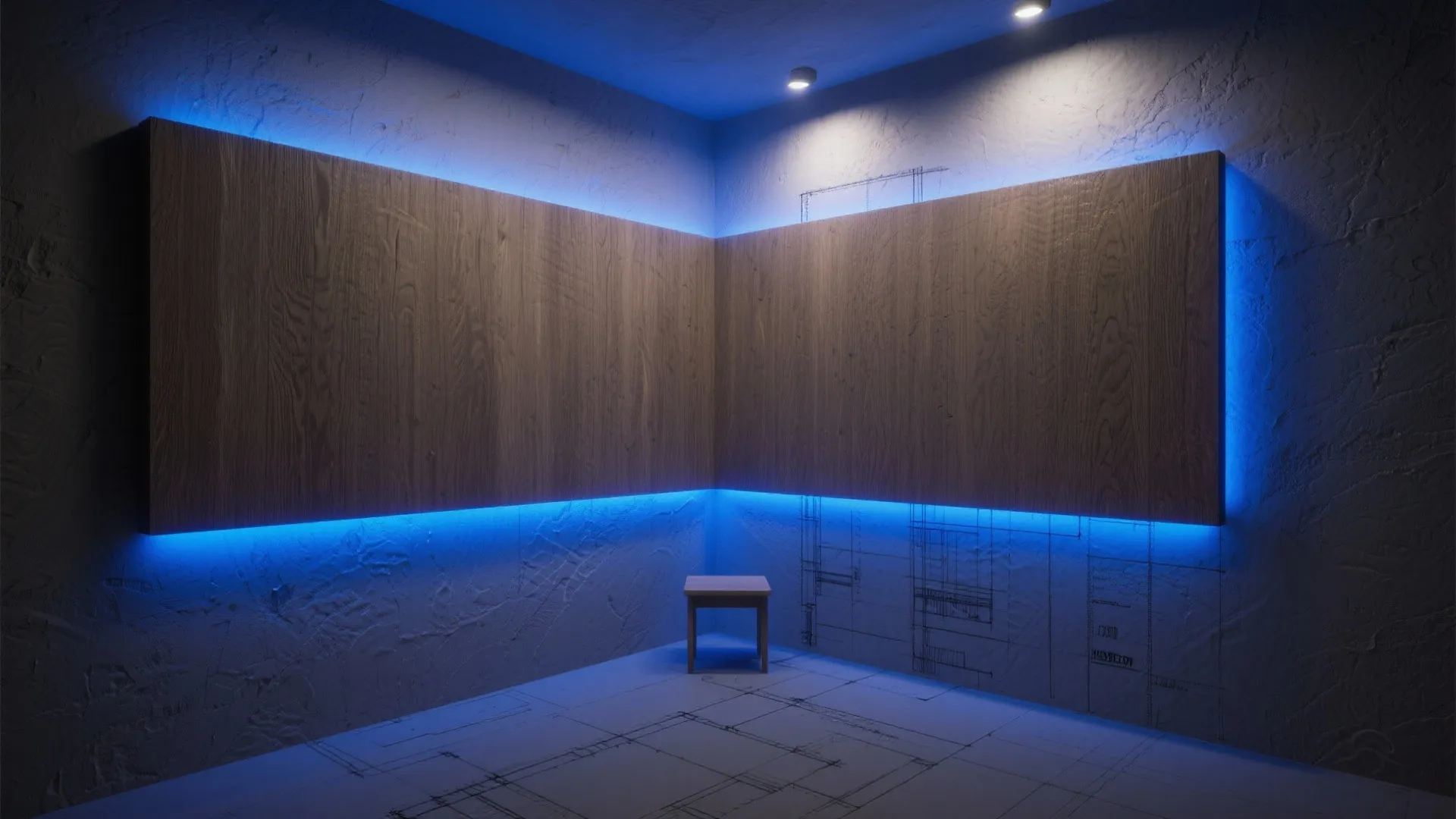 3. Create a focal wall with layered blue uplights and downlights