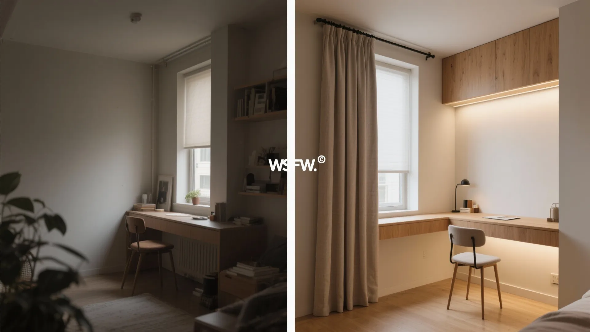 Before and after comparison of a home office with new wooden desk and bright light fixture