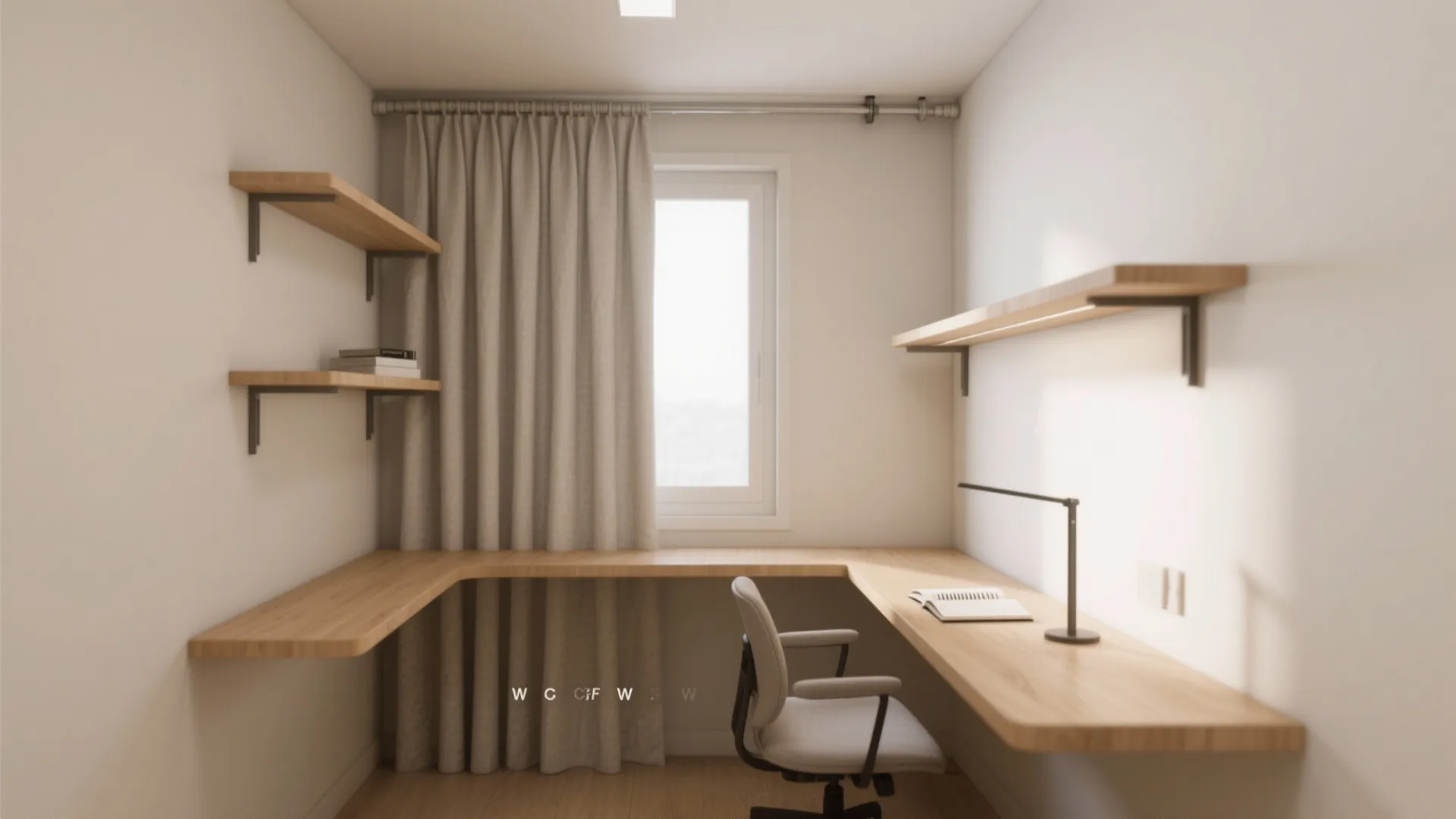 Small home office with wooden desk, grey curtain, wall shelves, office chair, and desk lamp