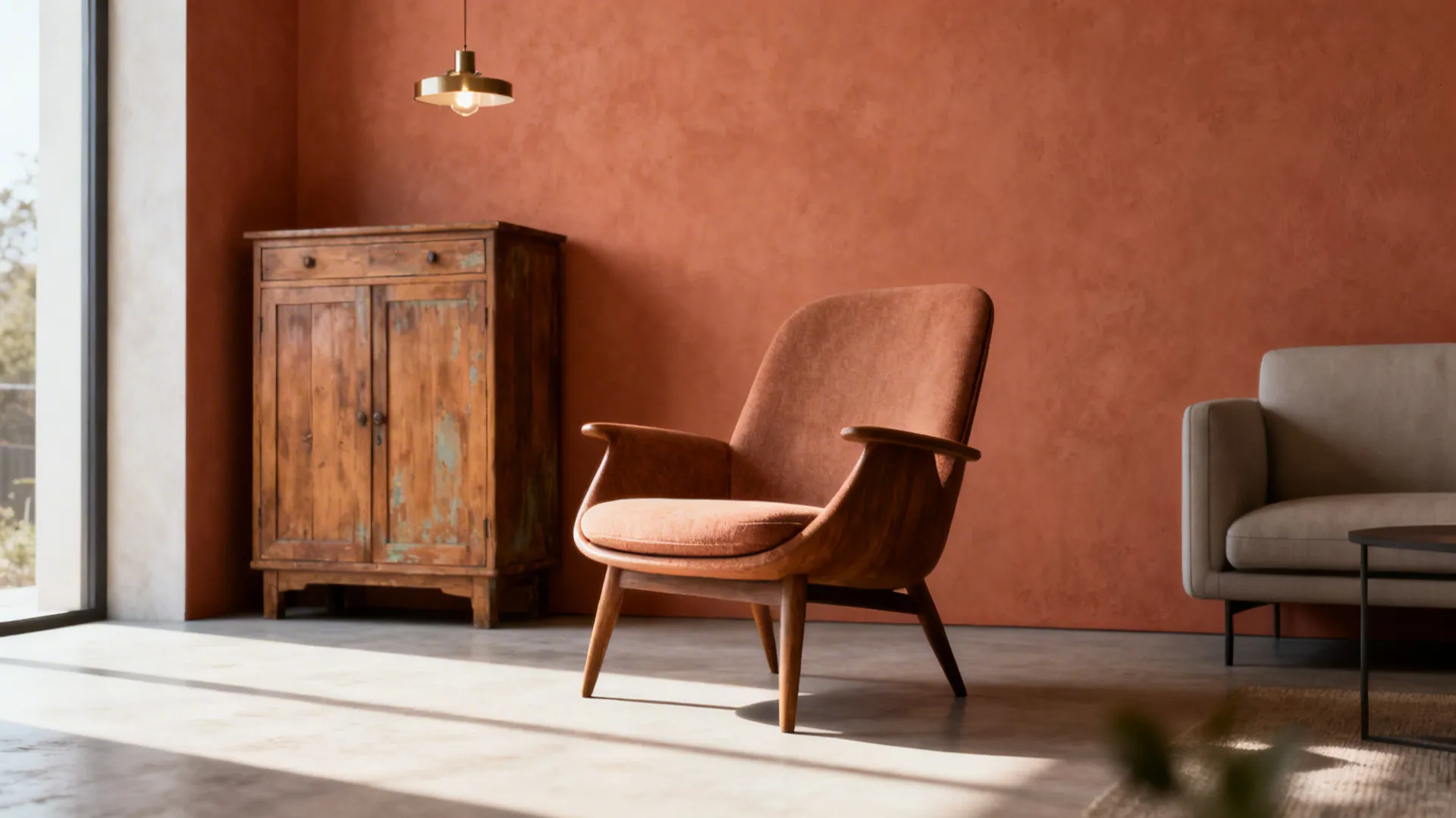 Vignette showing a mid-century armchair anchoring a mixed-era living room with a wooden cabinet and chandelier.