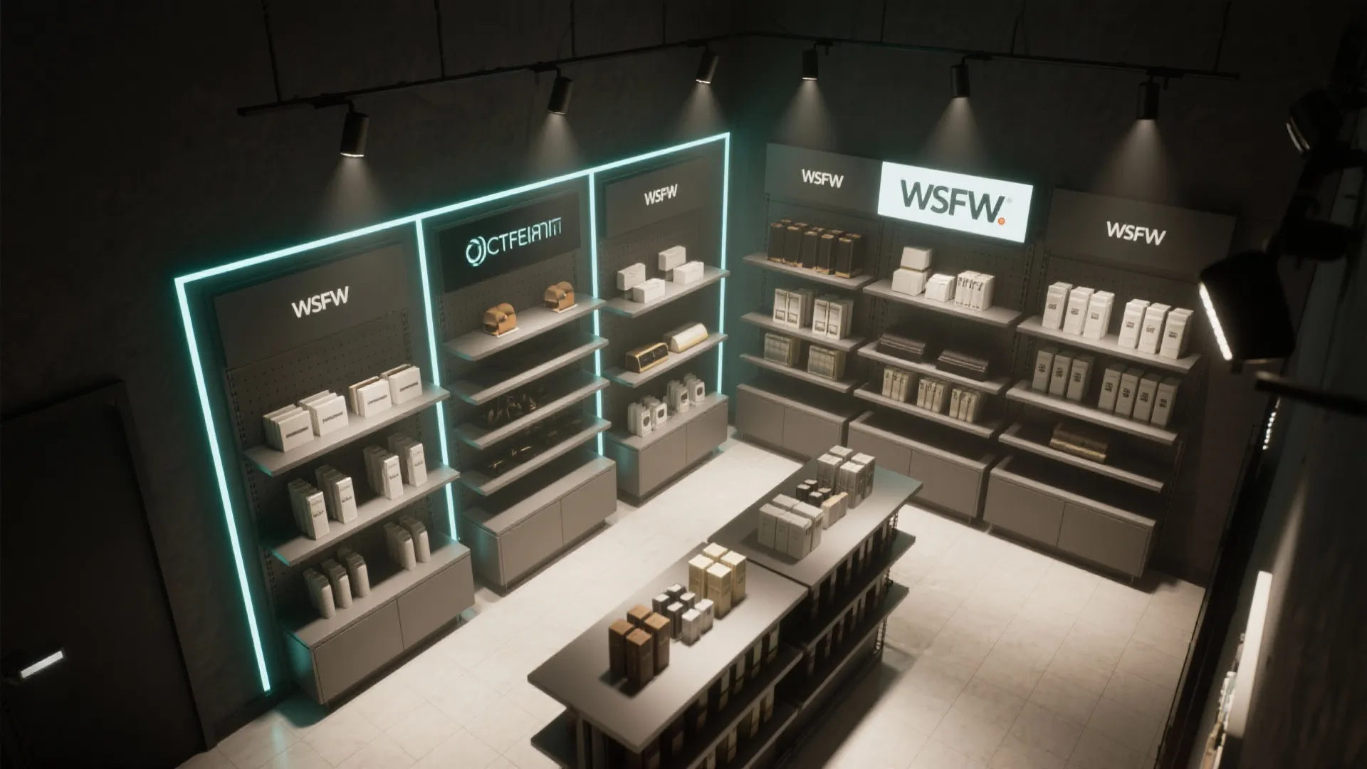 Top-down view of shelving with accent beams on key SKUs and darker surrounding areas to increase contrast.