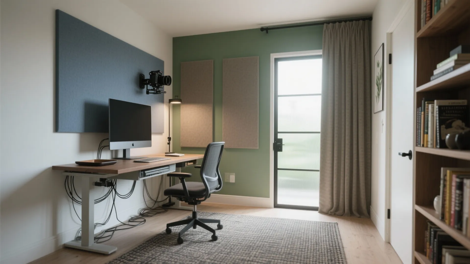 Modern home office with wooden desk black chair green wall monitor wall camera and curtains