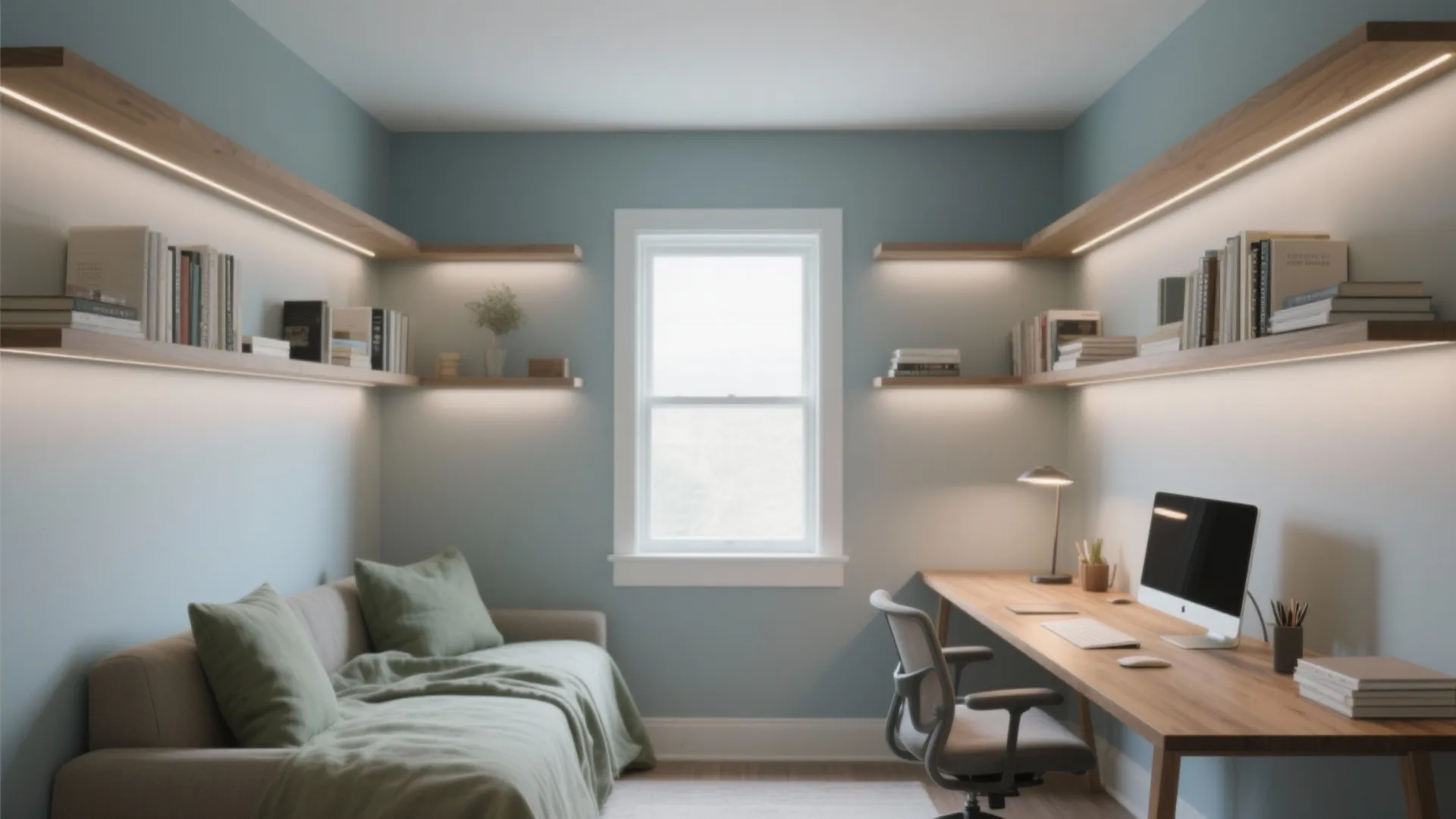 Modern blue home office with wooden desk computer chair floating shelves books and cozy daybed