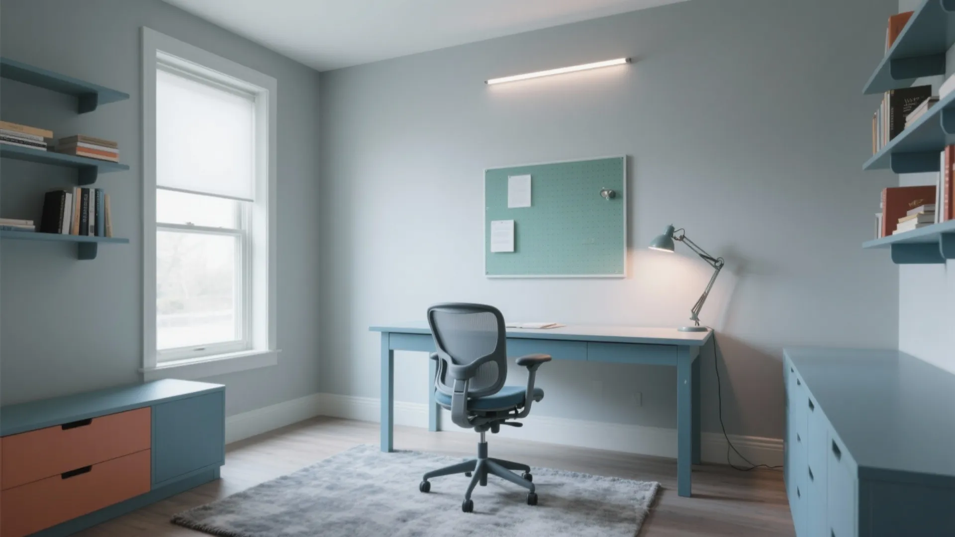 Modern blue study room featuring desk with ergonomic chair green wall board and wall lights