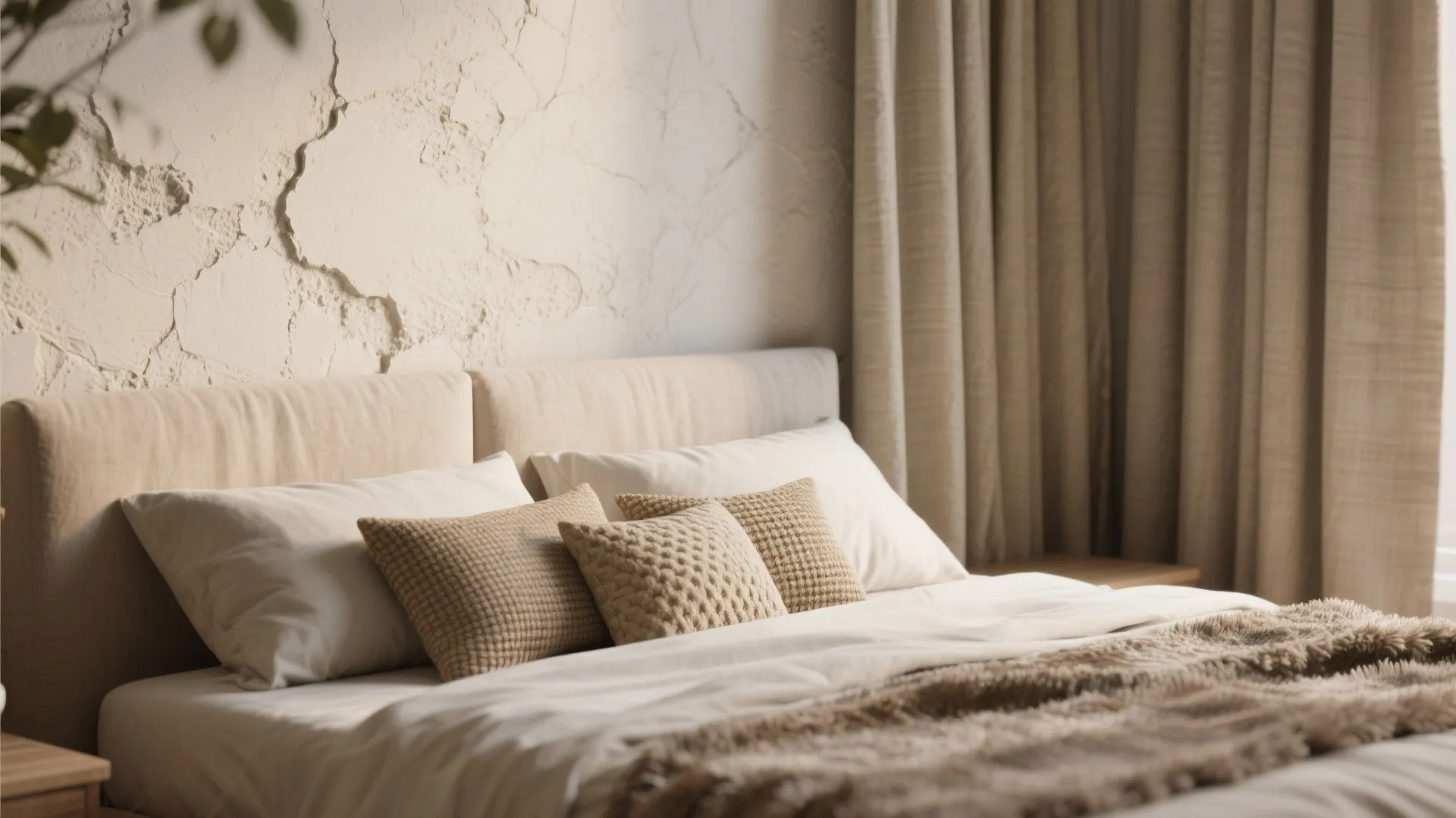 Close up of bed with textured pillows against a white wall panel and beige curtains