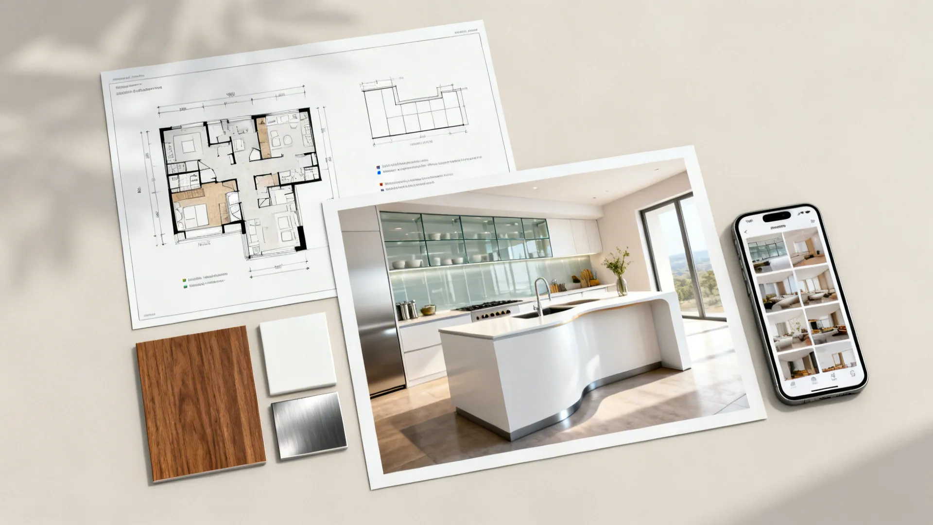 Flat lay of plan, elevation, material board, and a finished kitchen photo with a phone showing fast-loading thumbnails.
