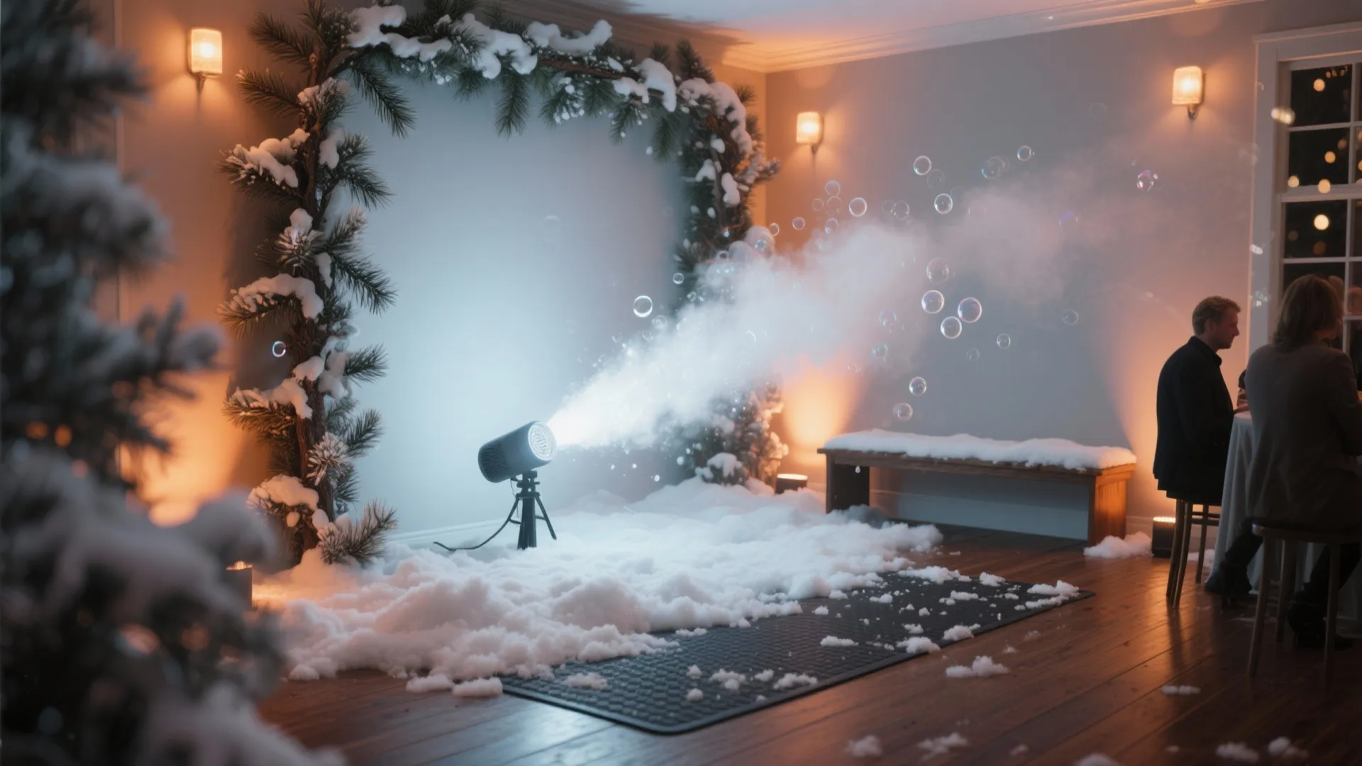 Artificial snow machine blowing bubbles in decorated room with pine arch wall light and floor
