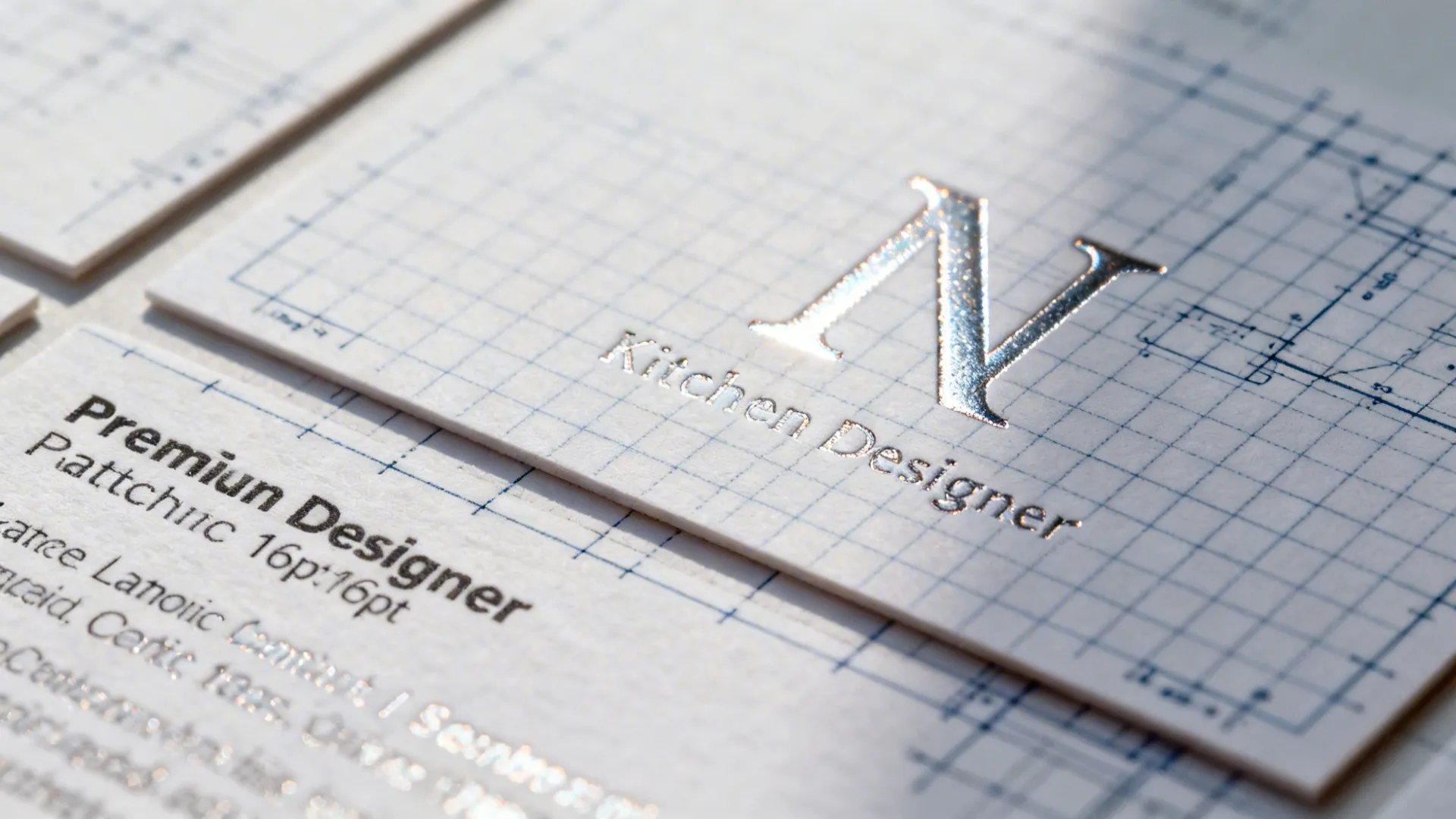 Professional business card showing silver foil logo text for kitchen designer over technical blueprint lines