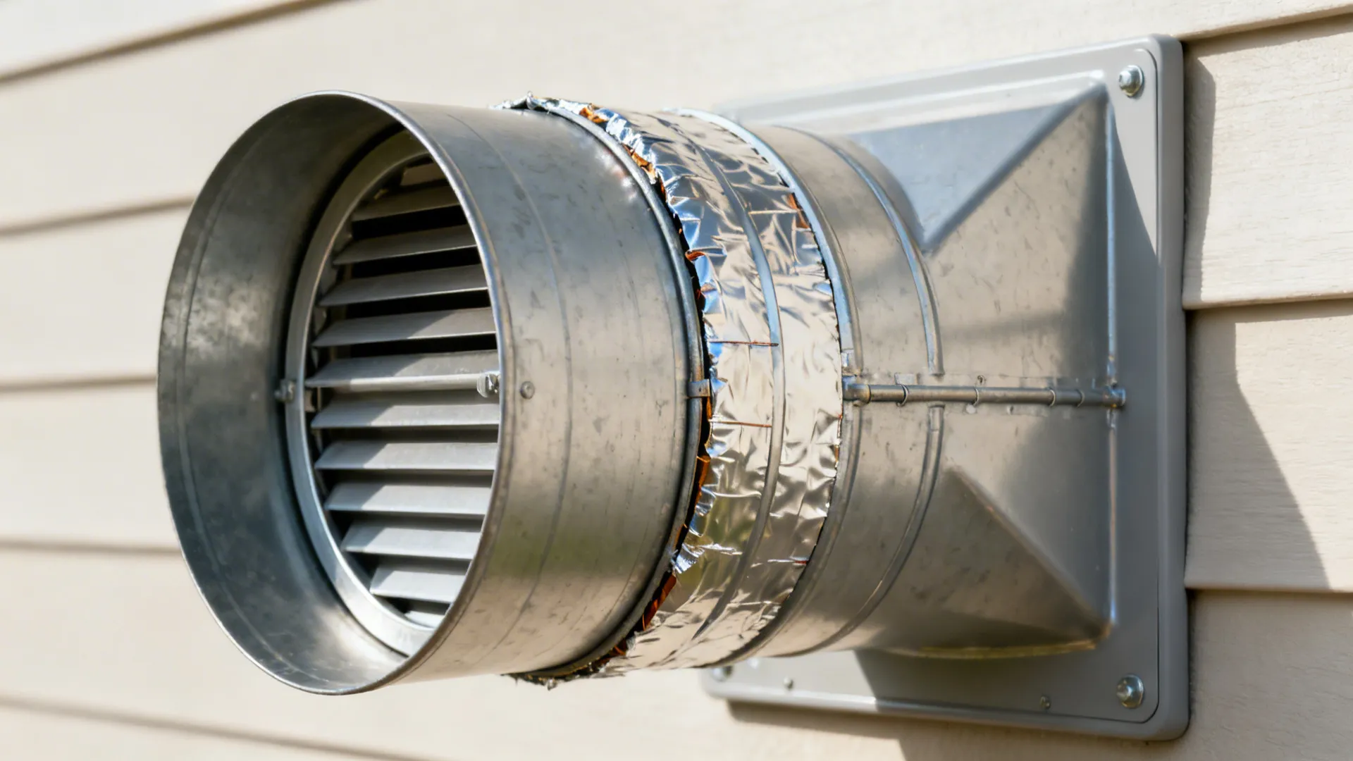 Macro of a rigid duct joint sealed with foil tape and a backdraft damper detail.