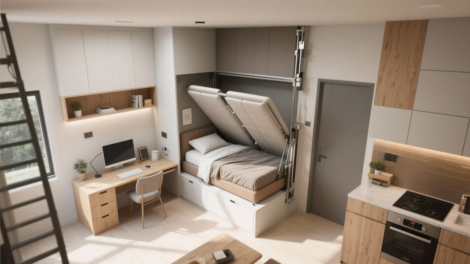 Modern studio apartment featuring a foldable bed next to a wooden desk and kitchen area