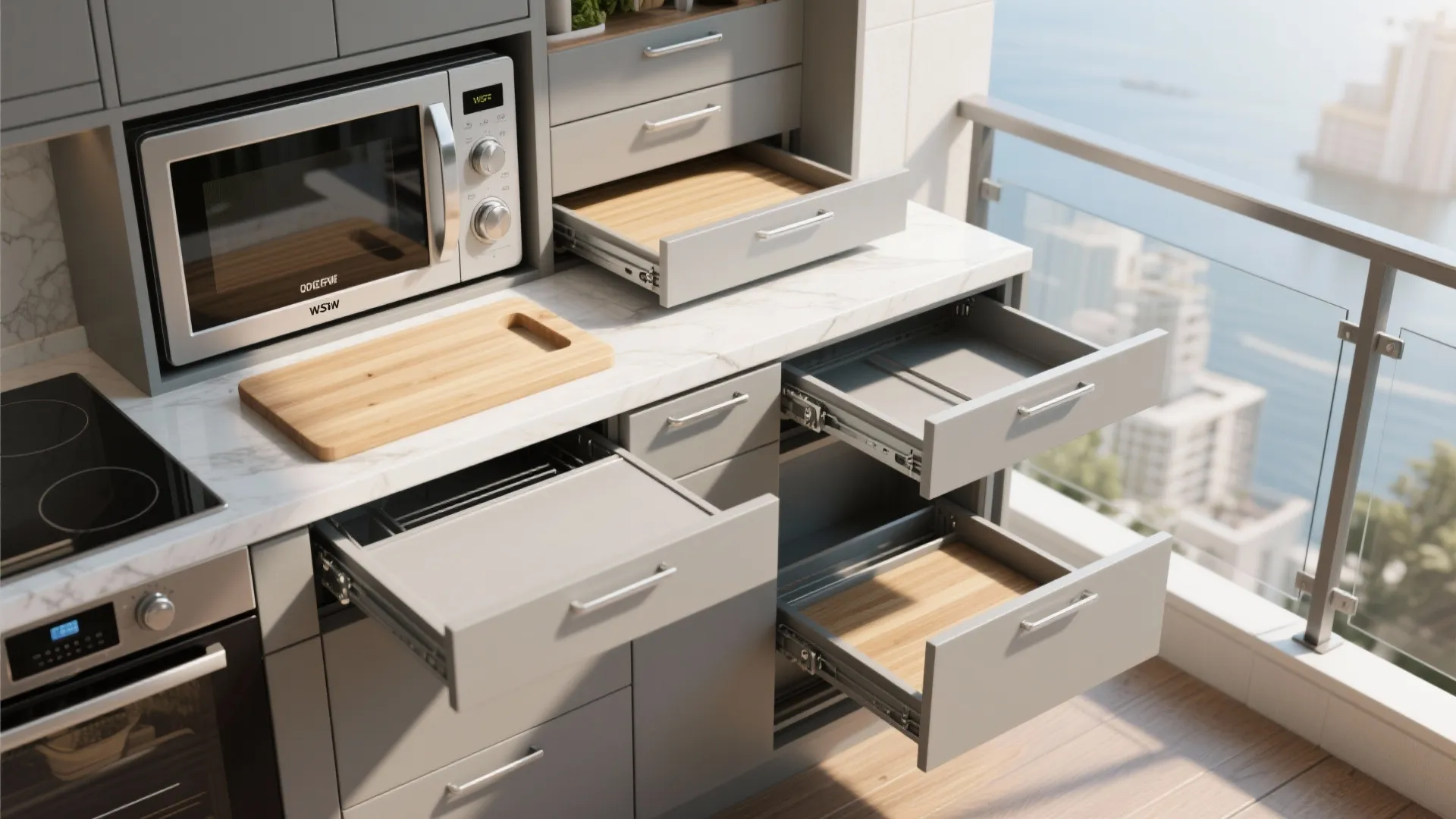 2. Fold-away stations and multipurpose surfaces