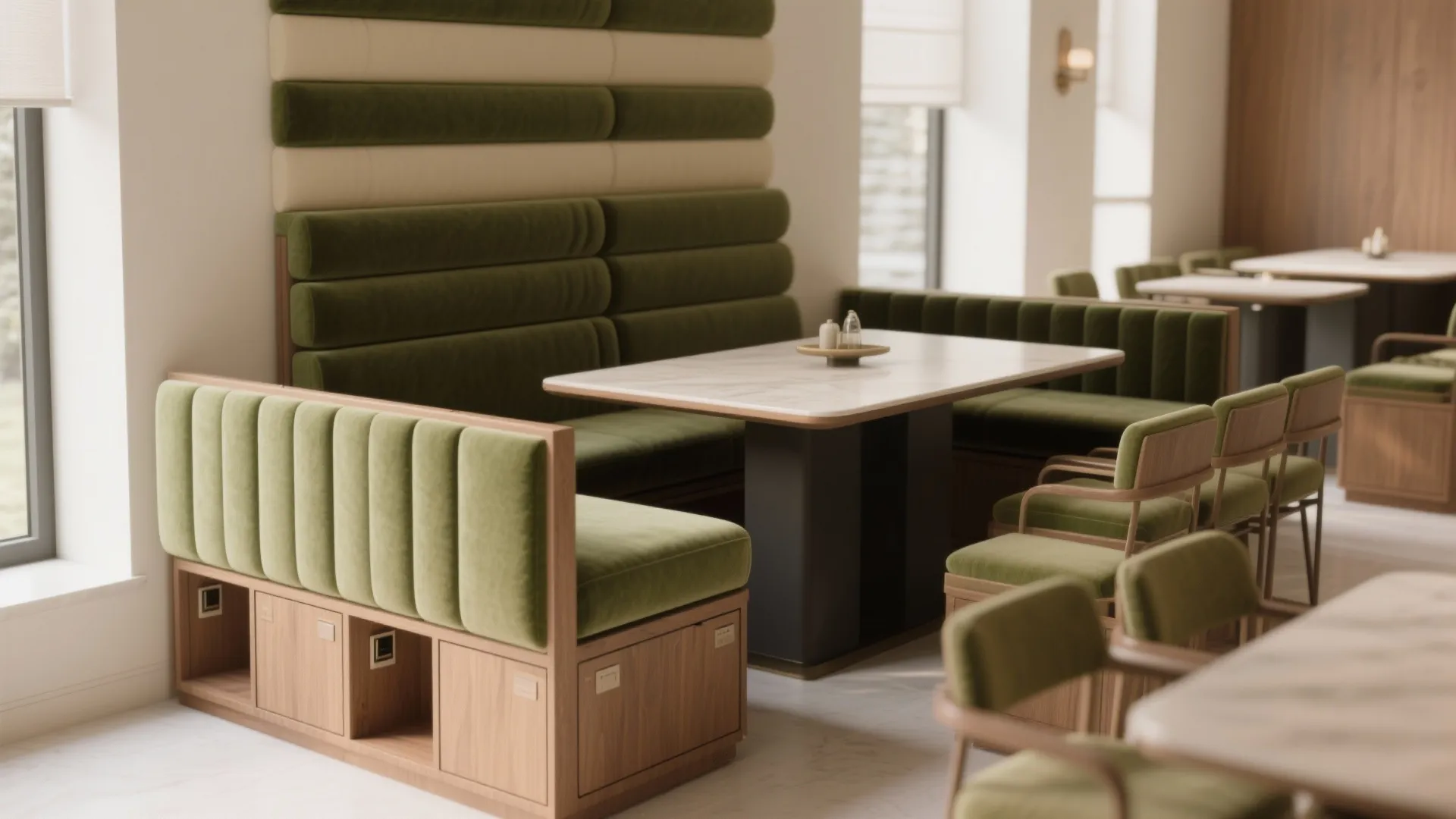 Modular fold-away banquette with tiered cushions and under-seat storage in a narrow dining room.