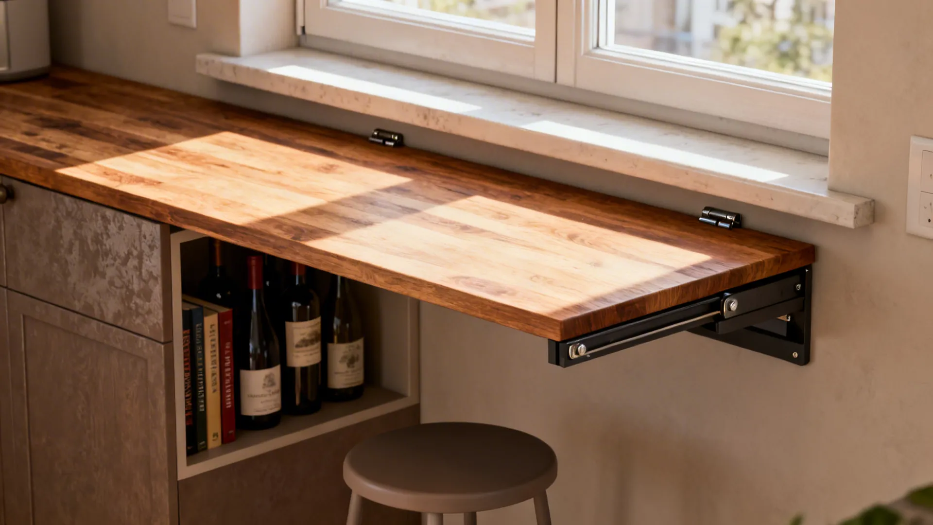 Slim fold-down breakfast bar with hidden cabinet storage beneath a window