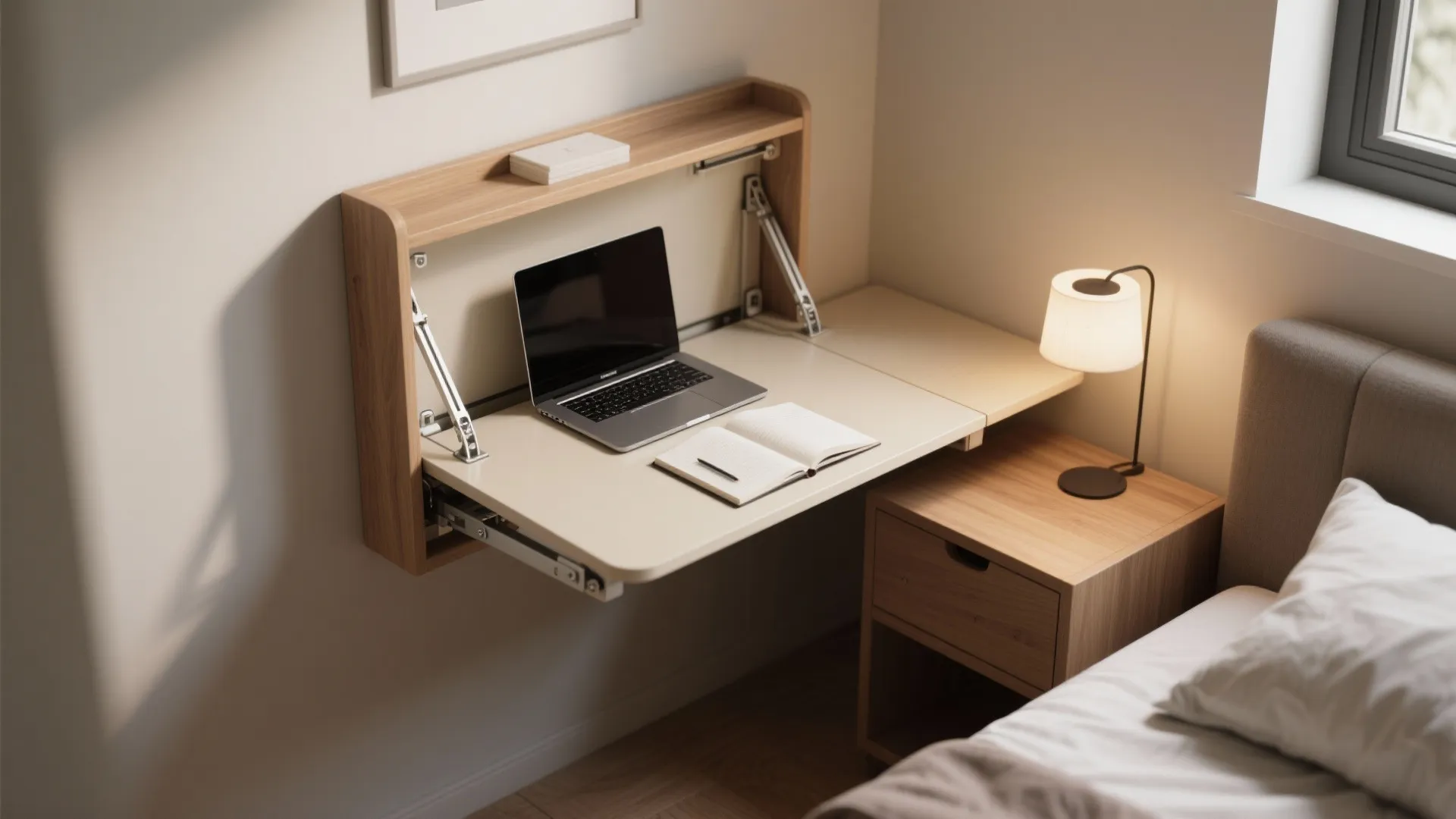 Small bedroom with a wall mounted folding desk holding a laptop next to a bed