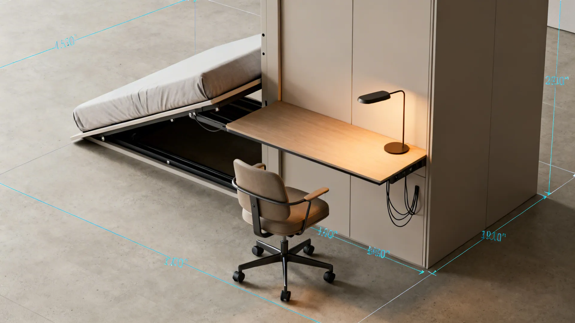 1. Fold-away workspace with a wall bed