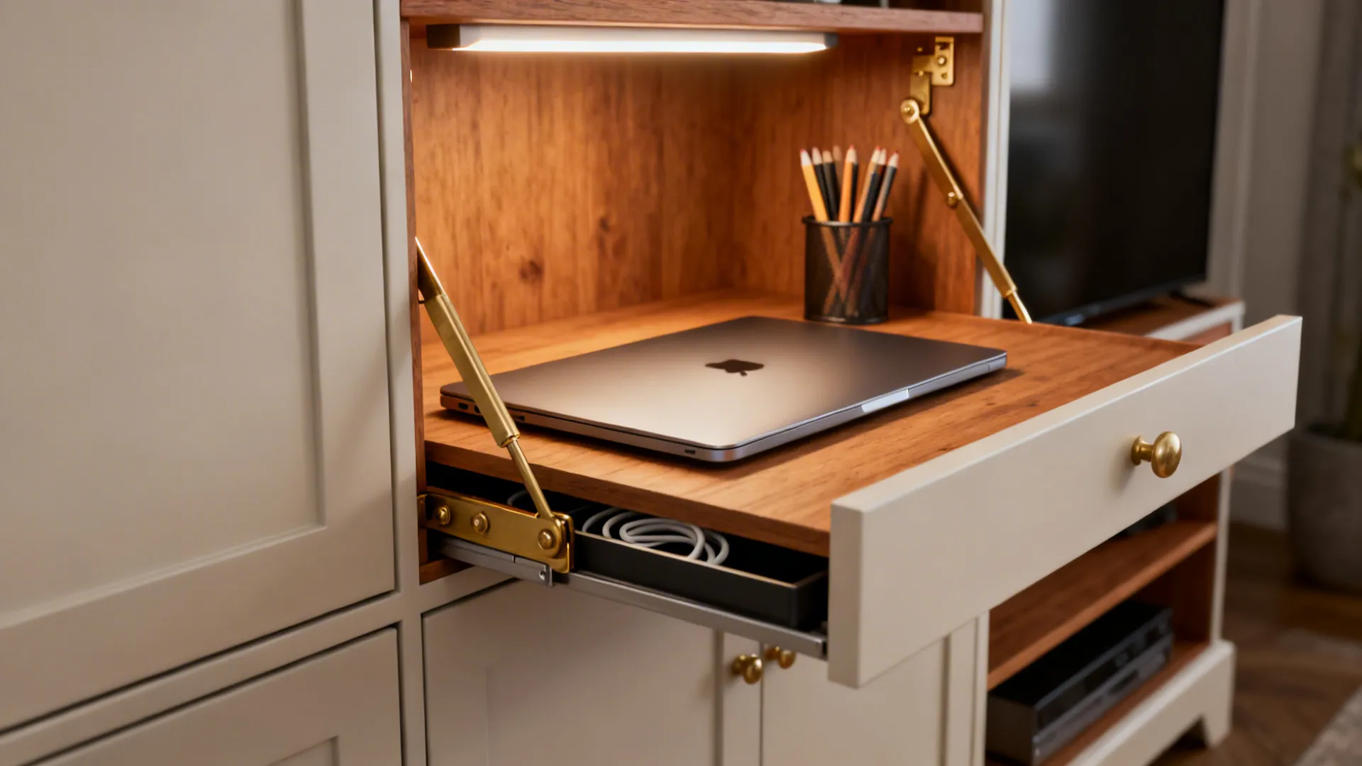 Laptop on a pull-out wooden desk inside a white cabinet with integrated light and pencils