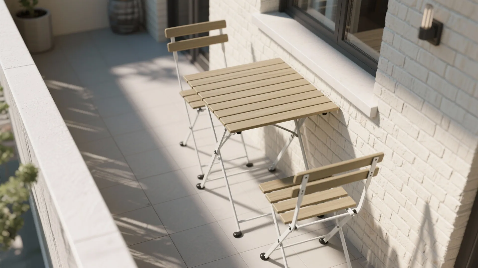 Fold-away dining: wall-mounted table and stackable chairs