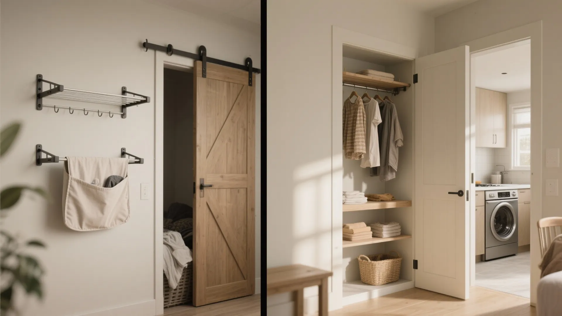 Comparison of wall mounted drying rack and organized closet storage with clothes in laundry room layout