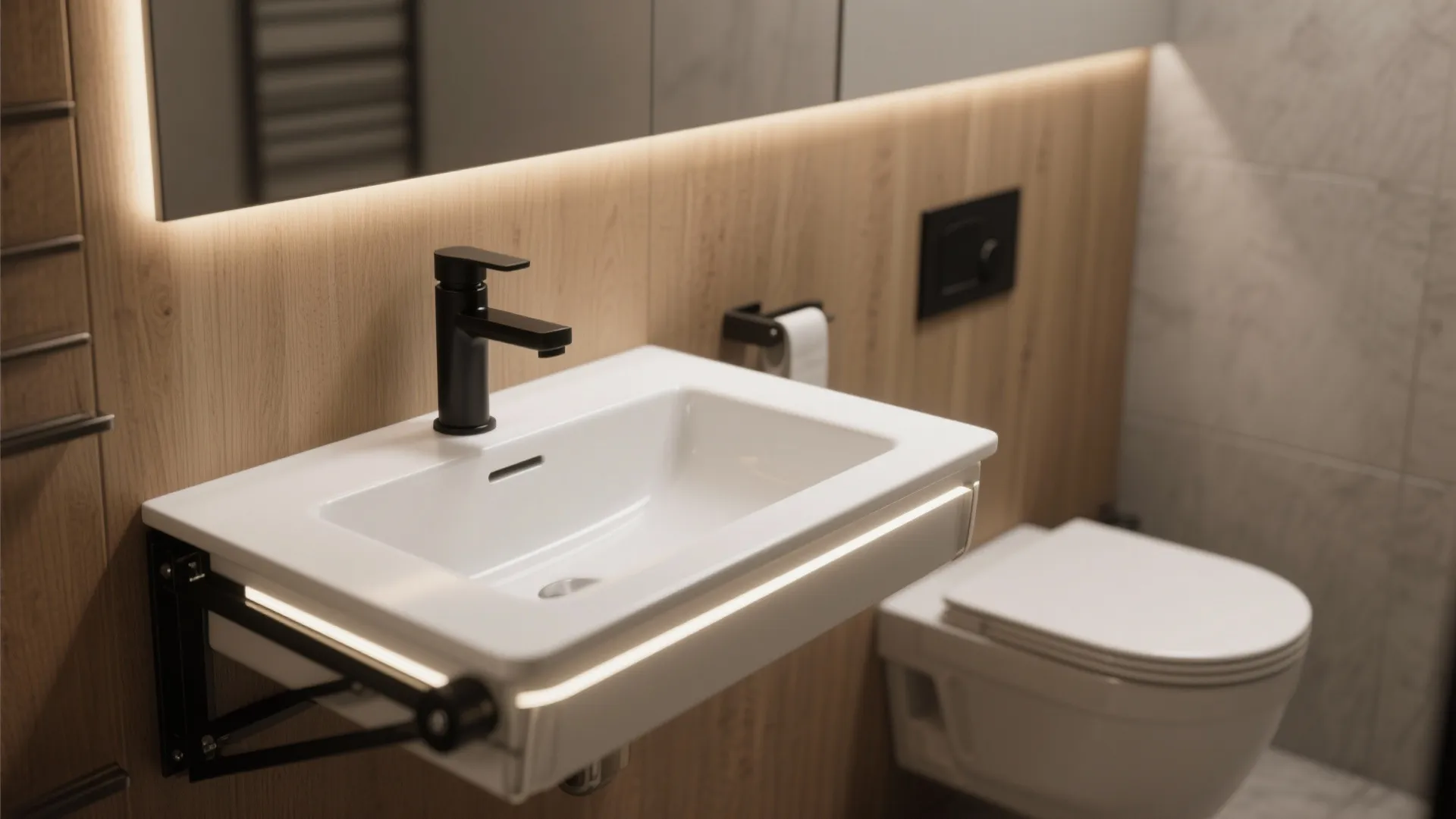 Close-up of a fold-down vanity and wall-hung toilet showing space-saving fittings and hidden support hardware.
