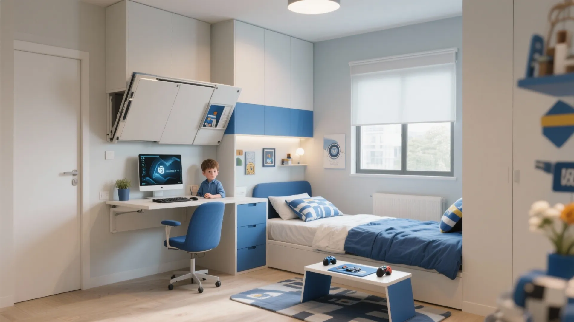 Modern blue and white kids bedroom with desk chair bed window and smart wall cabinet