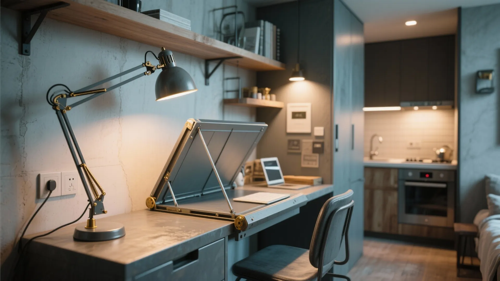 4. Fold-away industrial arm for mixed-use rooms