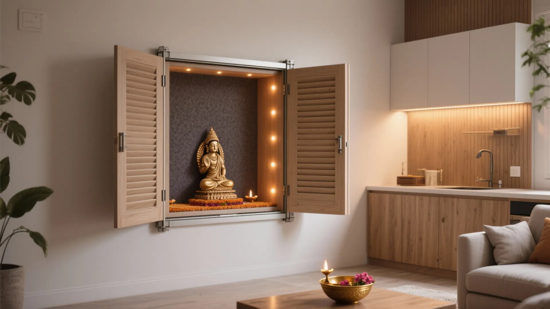 Fold-away mandir in living room cabinetry