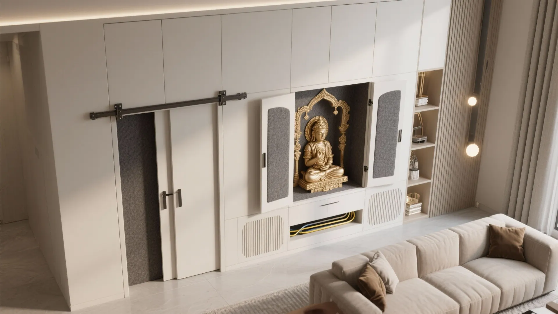 Fold-away mandir in living room cabinetry