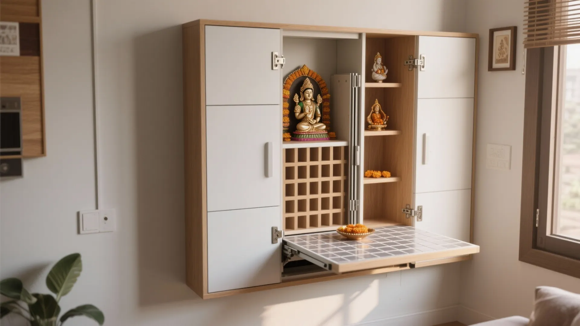Fold-away pooja panel for studio apartments
