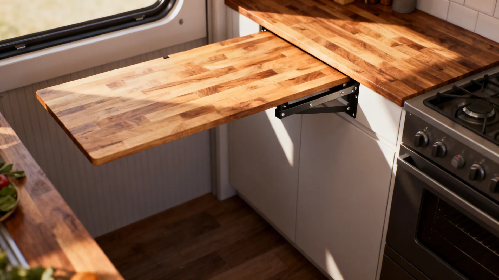 Fold-away butcher-block prep board extended in a narrow galley kitchen with supported edge.