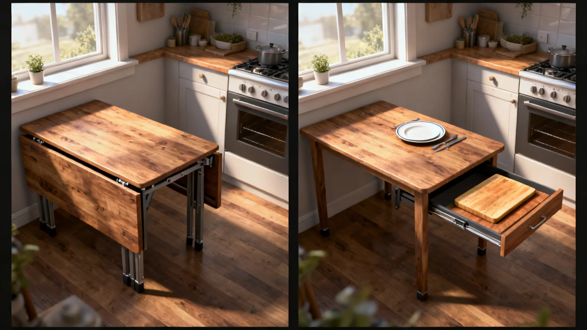 Fold-away hinged table and pull-out butcher block shown folded and deployed in a small kitchen.