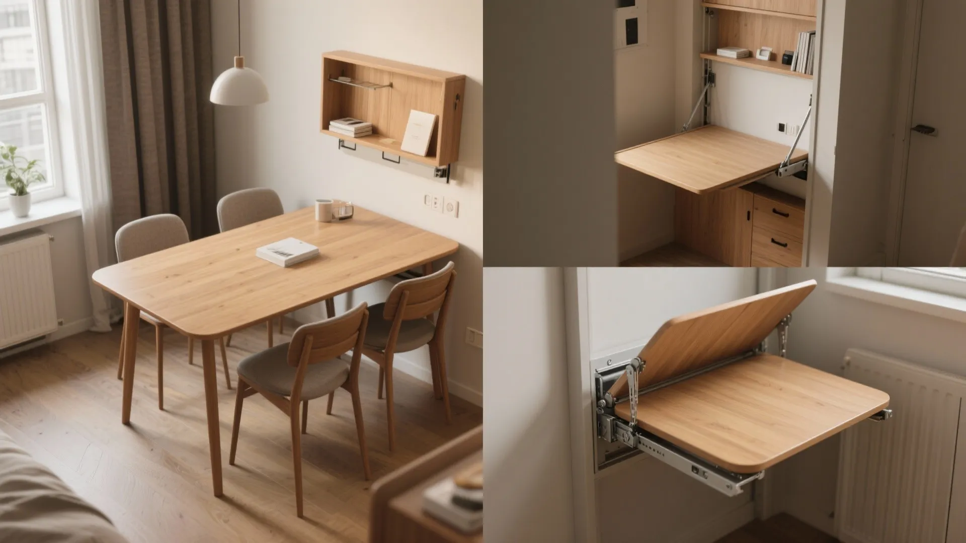 Top-down sequence of fold-away dining table and wall-mounted desk showing folded and open states.