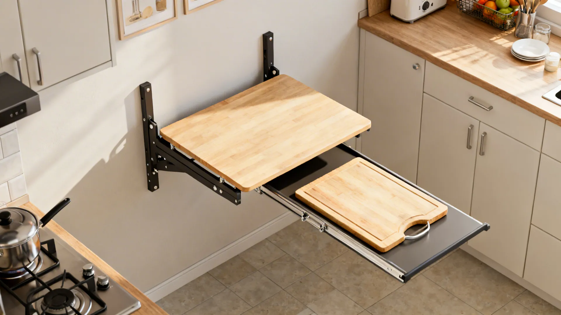 Wall-mounted fold-down table and pull-out cutting board in a compact kitchen, shown folded and extended.