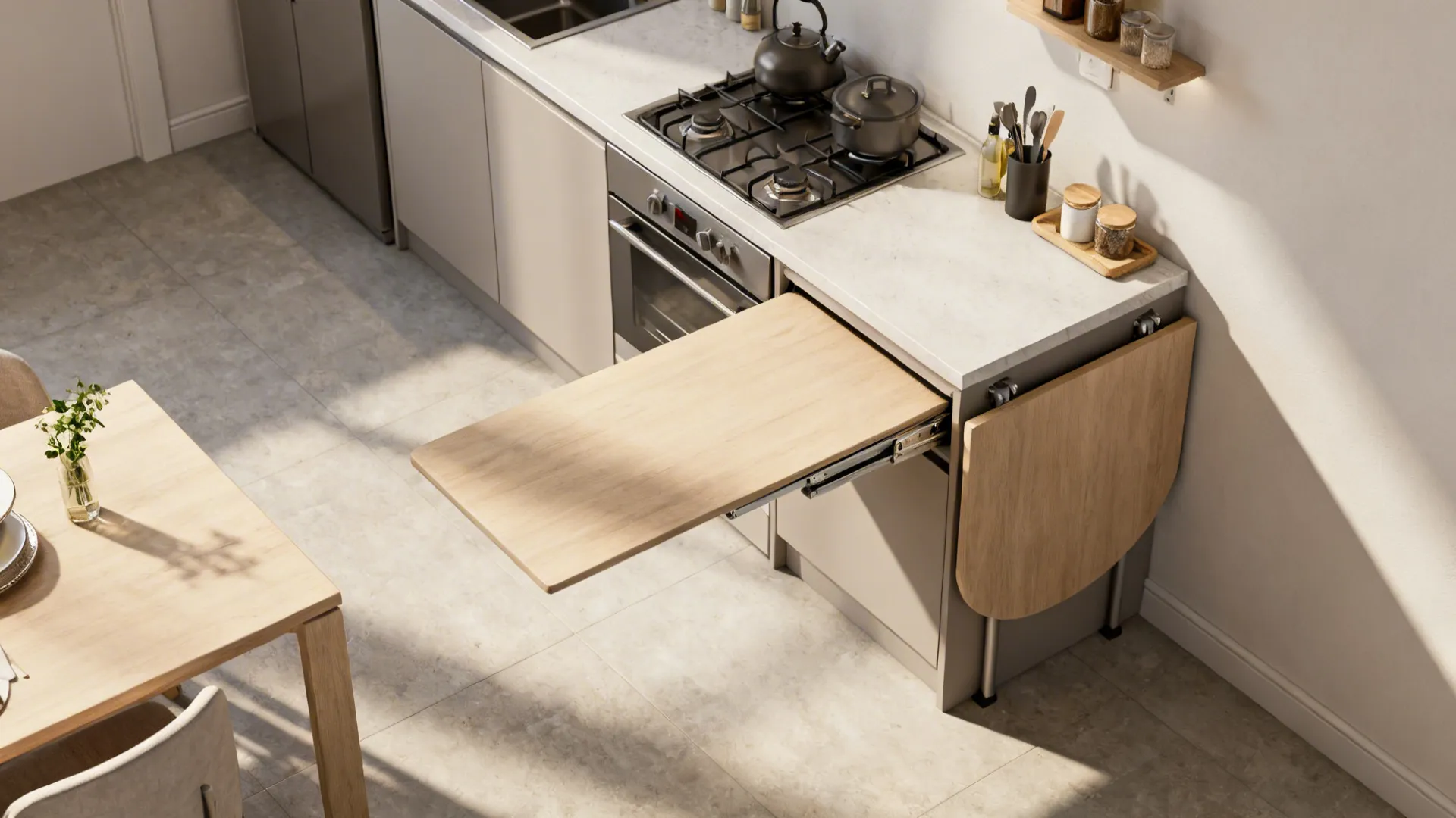 Top-down view of a small kitchen with a fold-down counter and slide-away table to save space.