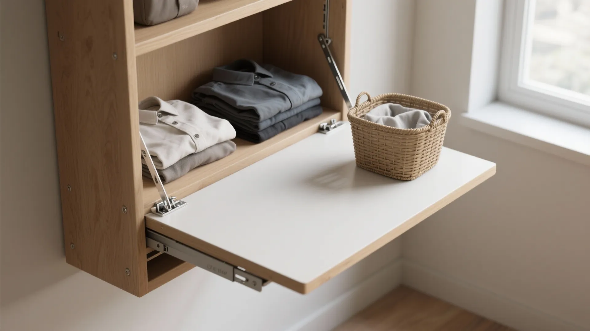 Wall mounted wooden laundry cabinet with fold down white table top holding a woven basket
