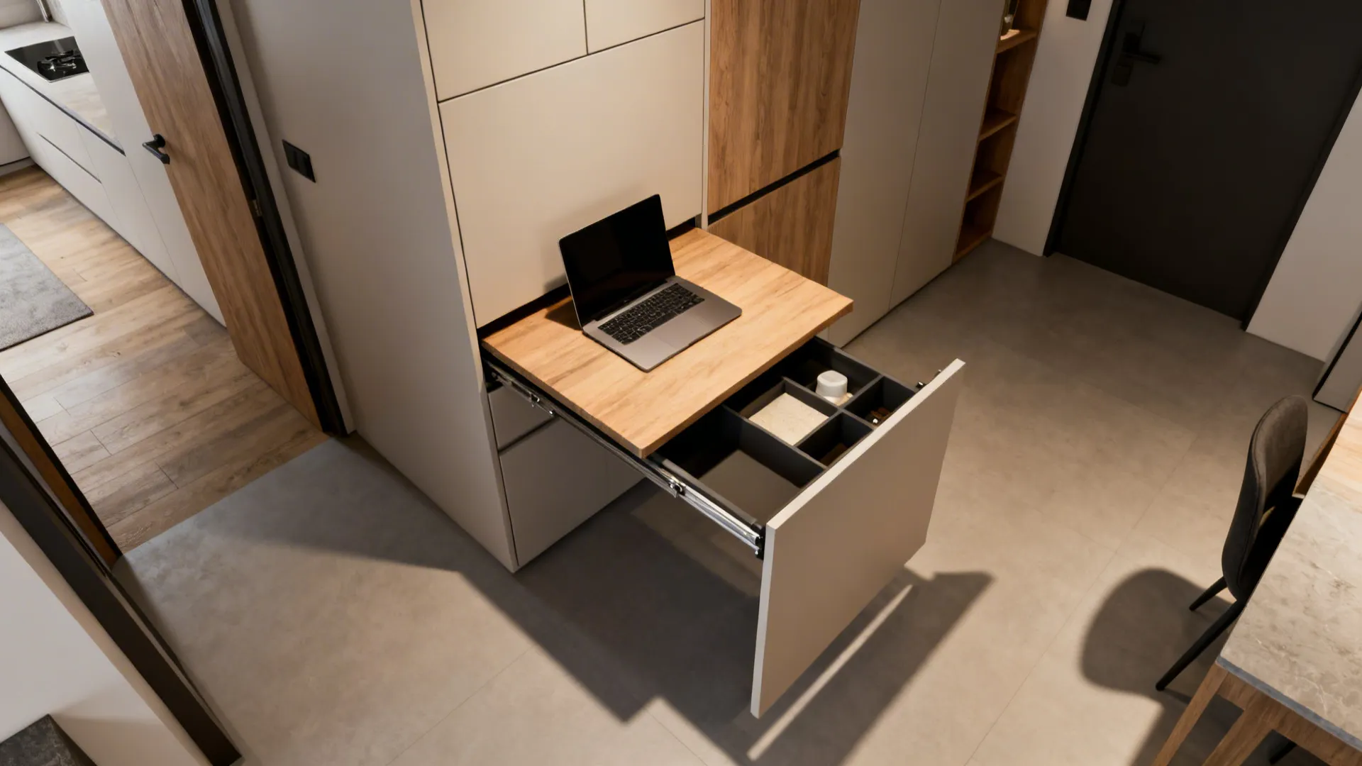 Top-down view of a fold-away table converted into a workspace in a small apartment.