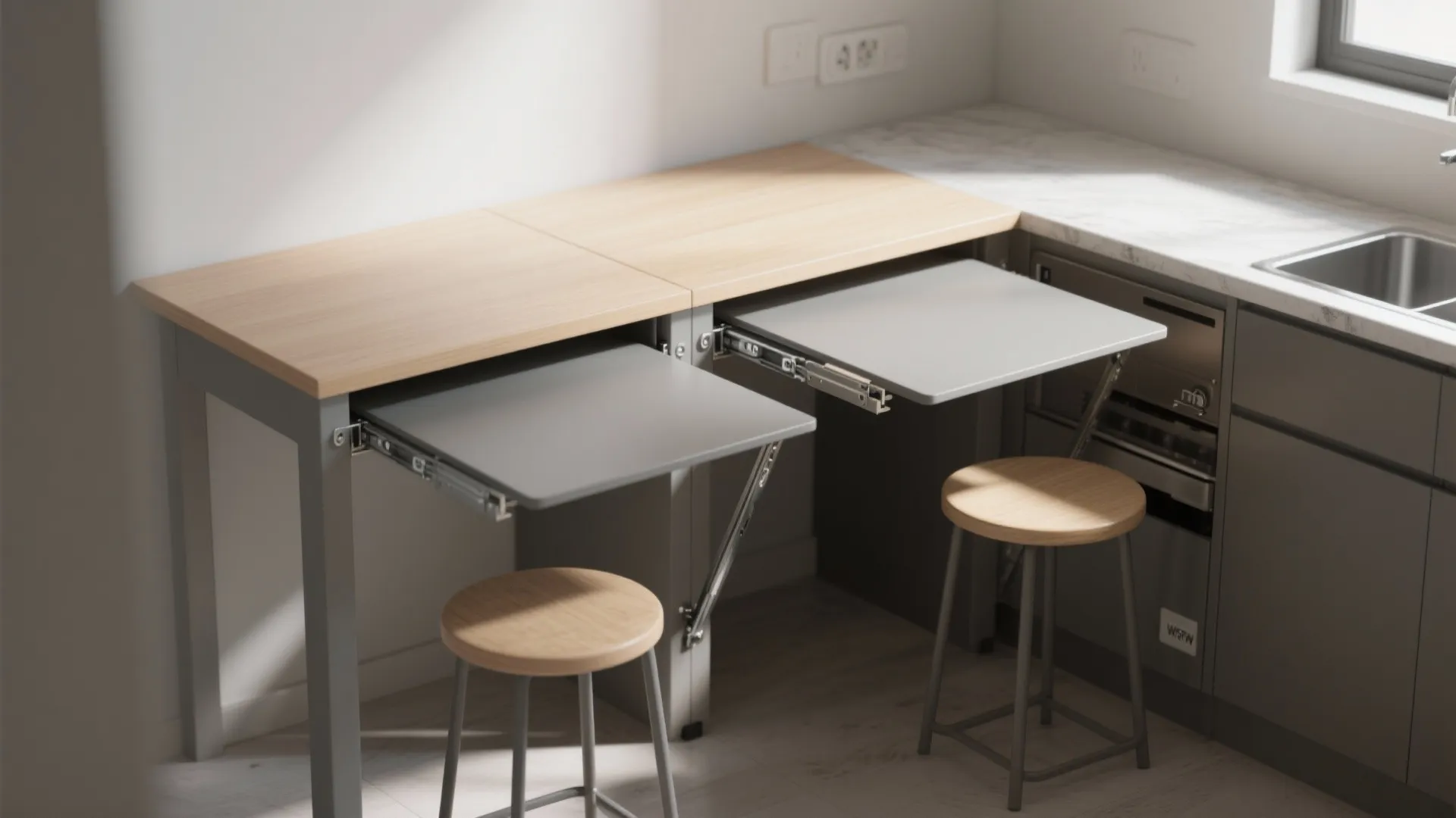 Space saving kitchen table with two pull out grey surfaces wooden stools and white marble countertop
