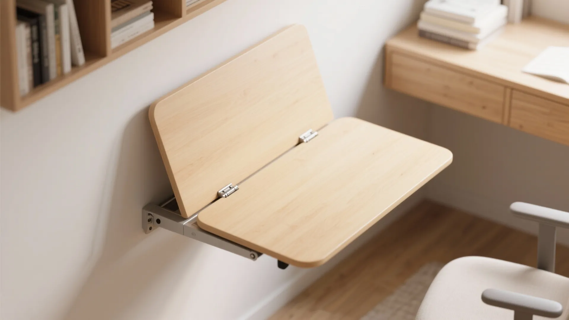 Light wood wall mounted folding table attached to white wall in small home office space