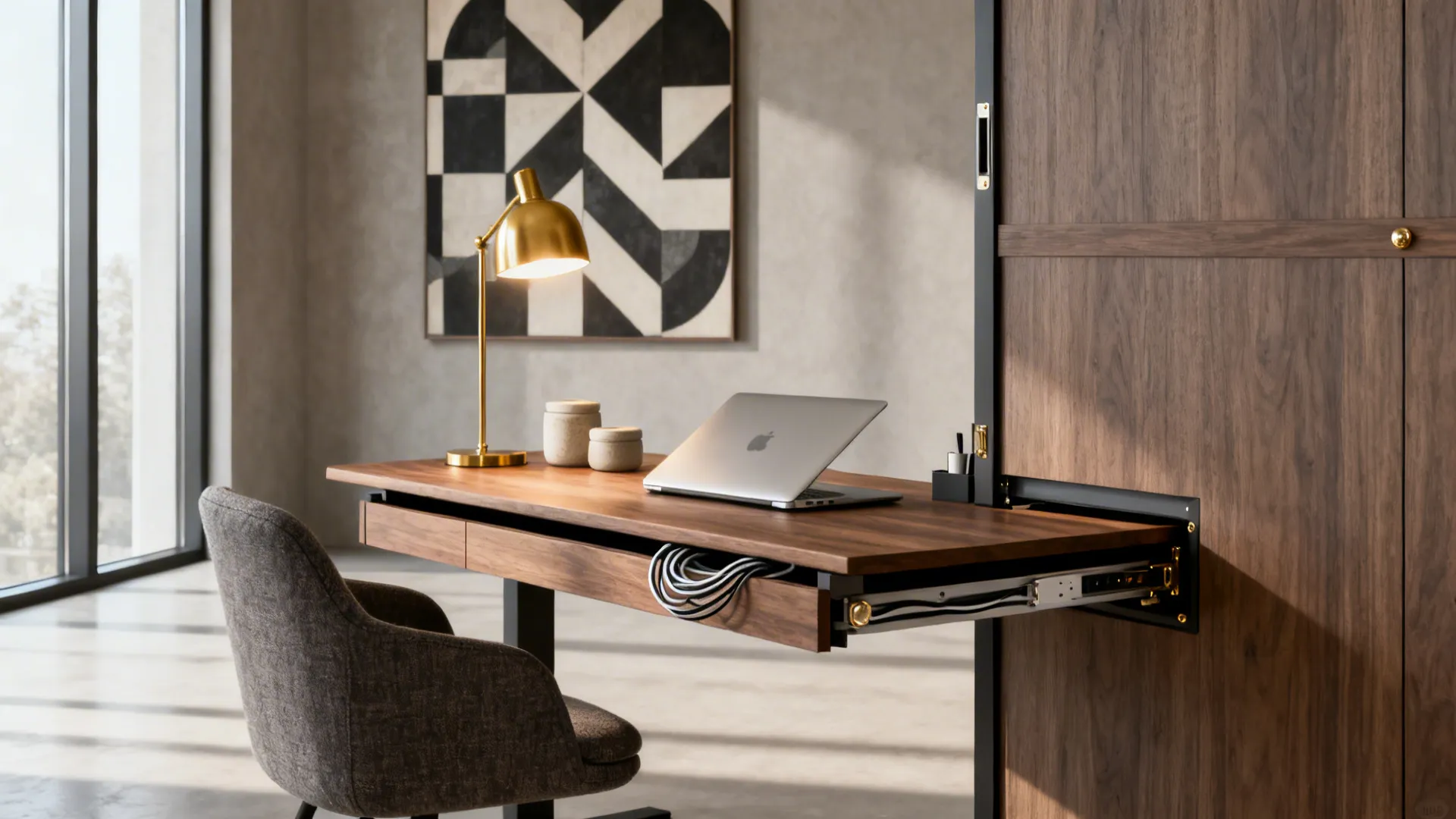 Sliding art panel partially opened to reveal a fold-away workstation with a compact desk and organized storage.