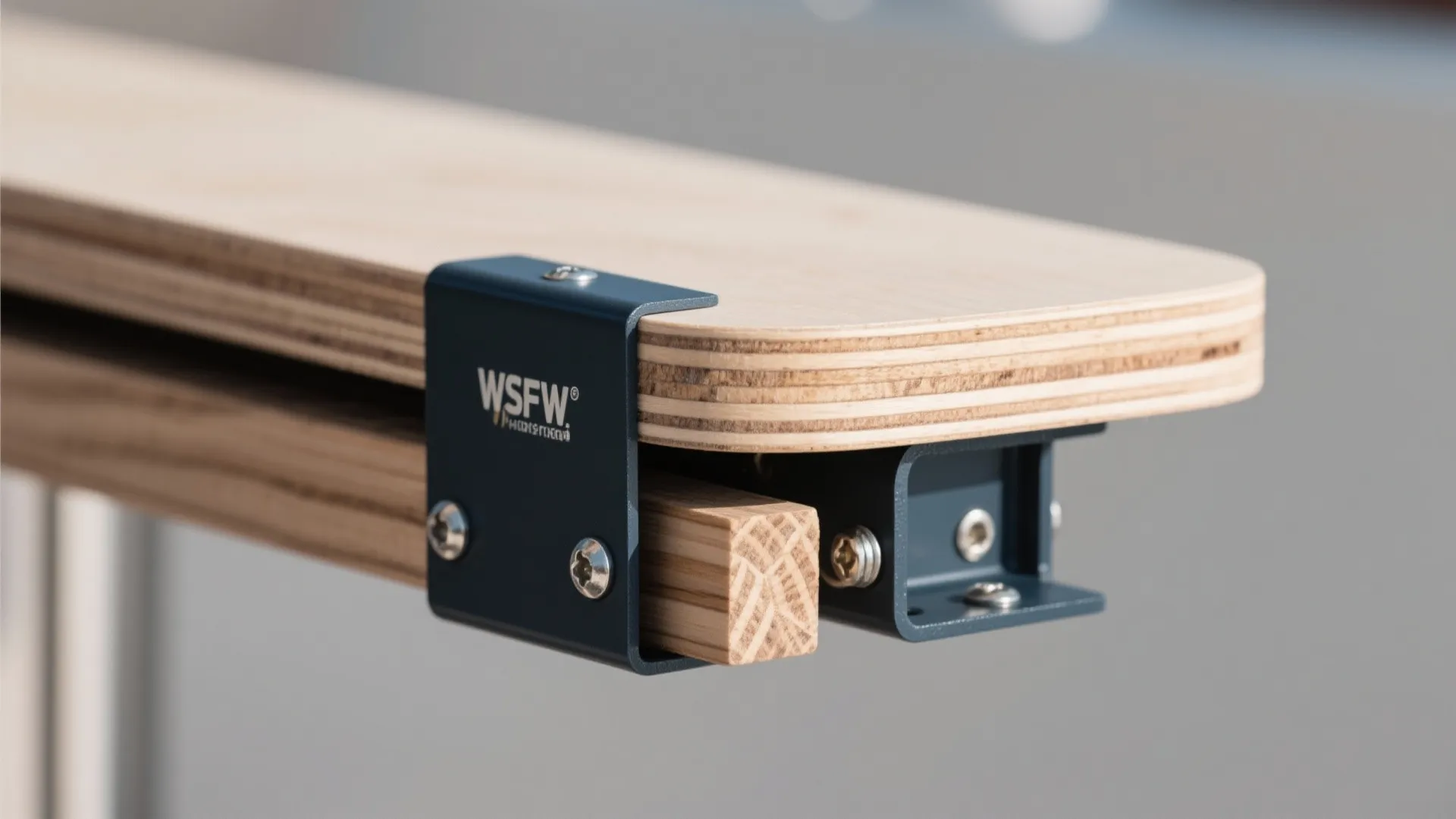 Close-up of marine-grade plywood edge and folding bracket with sealed finish.