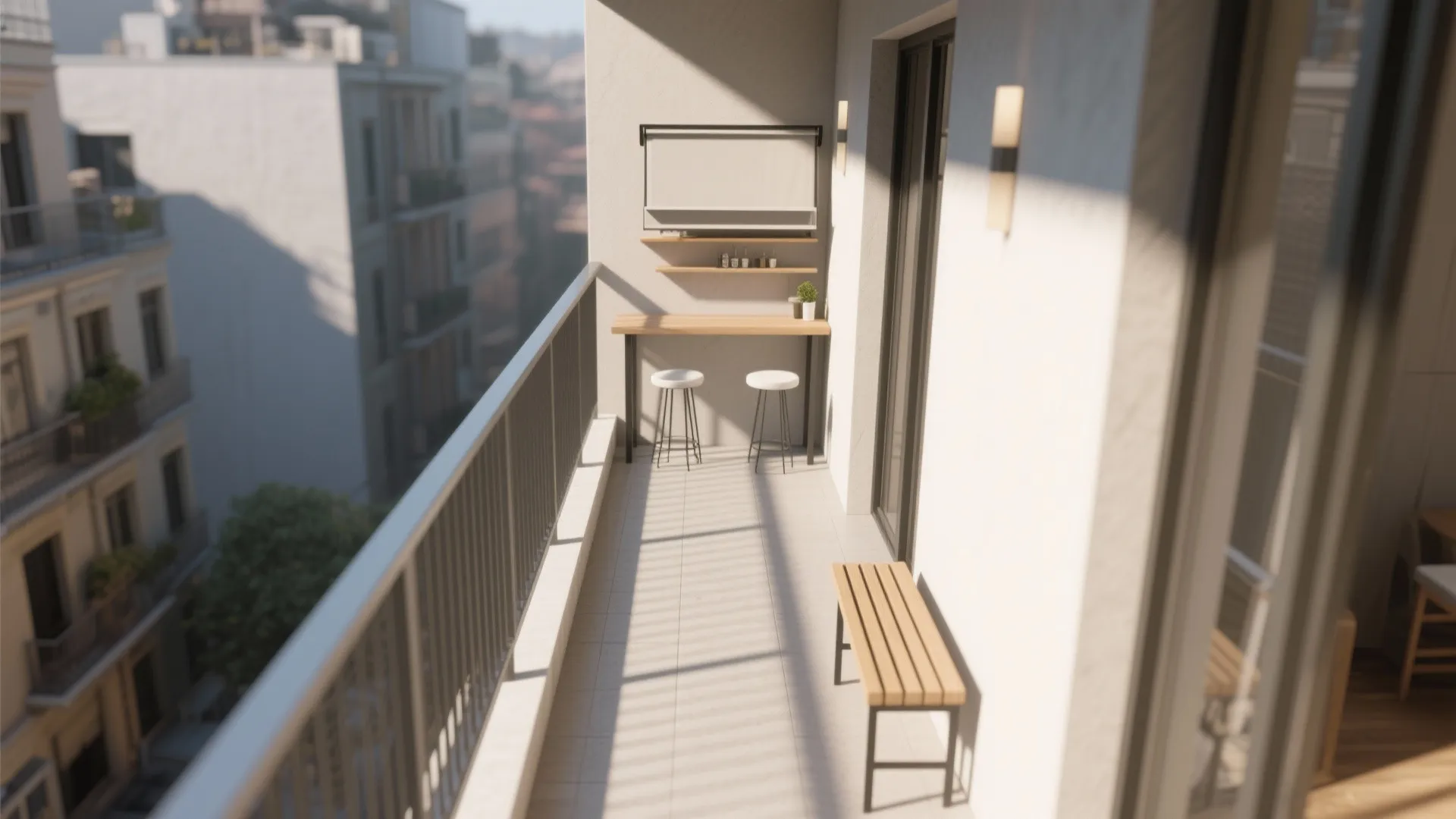Top-down balcony layout with fold-down bar, slim bench, and clear circulation path.